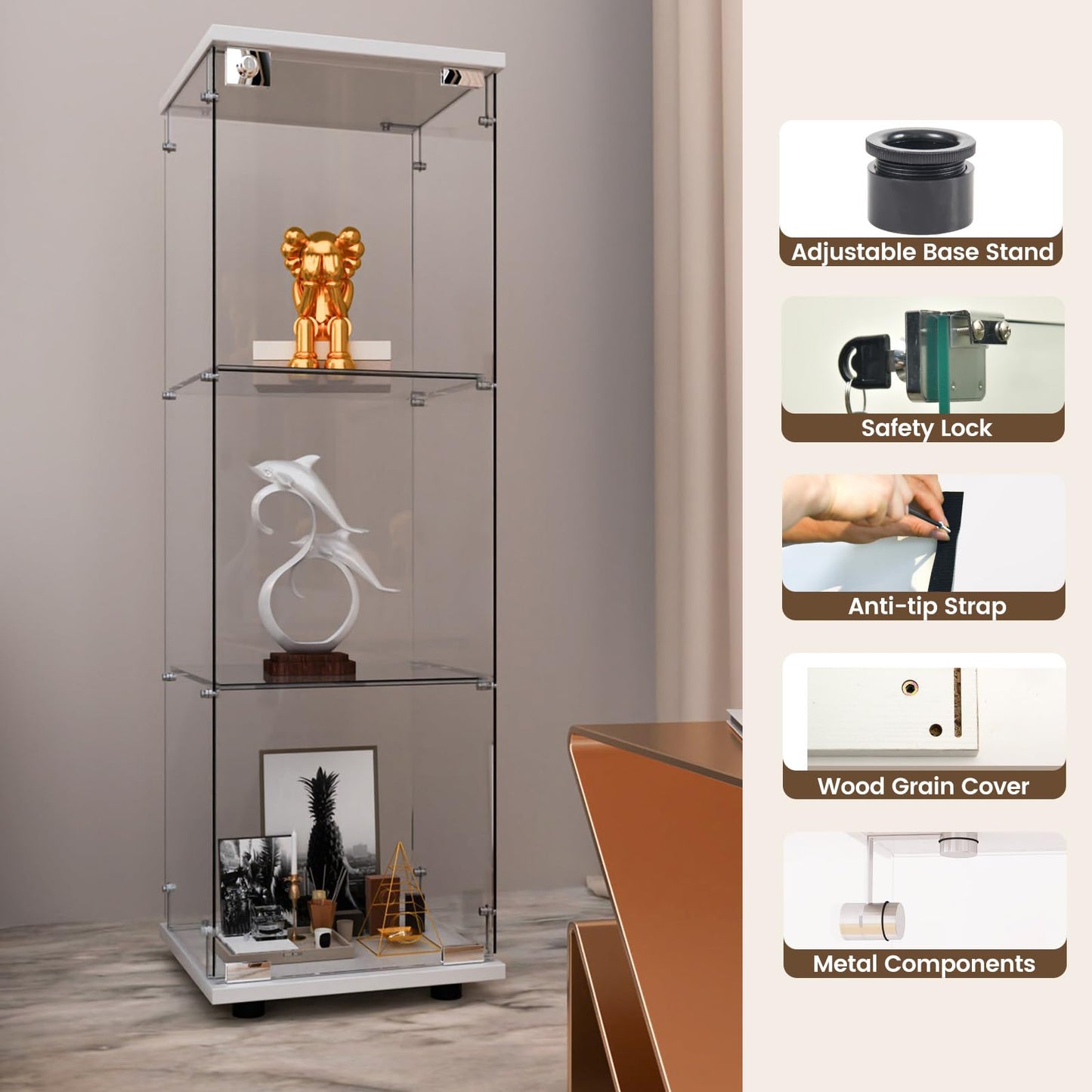 Beauty4U 3-Shelf Single Door Glass Display Cabinet, 125cm Tall, White