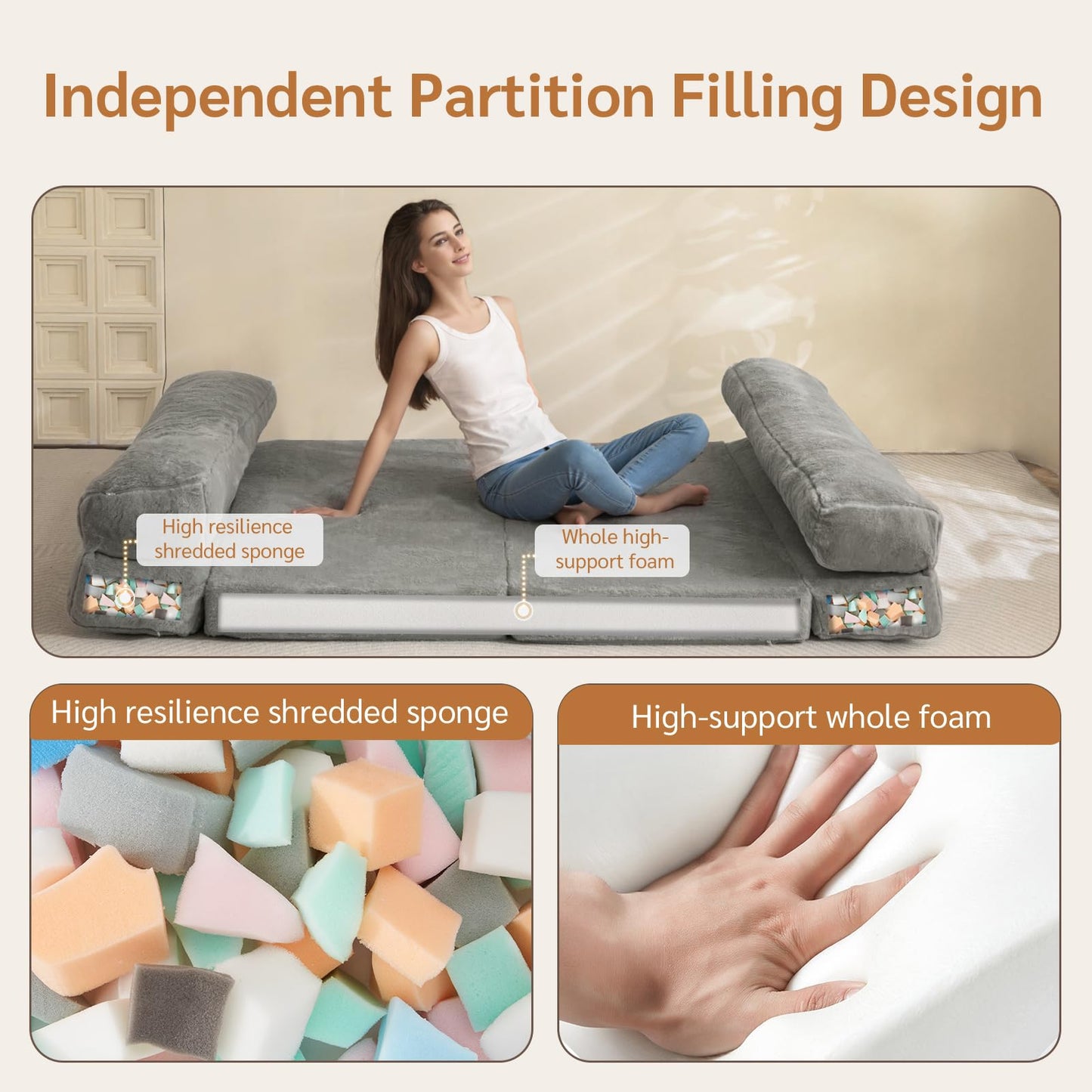 MAXYOYO Bean Bag Bed Folding Faux Fur Fabric Sofa Chair Foam Filling Extra Thick 6 Fold Floor Couch Matress for Adults