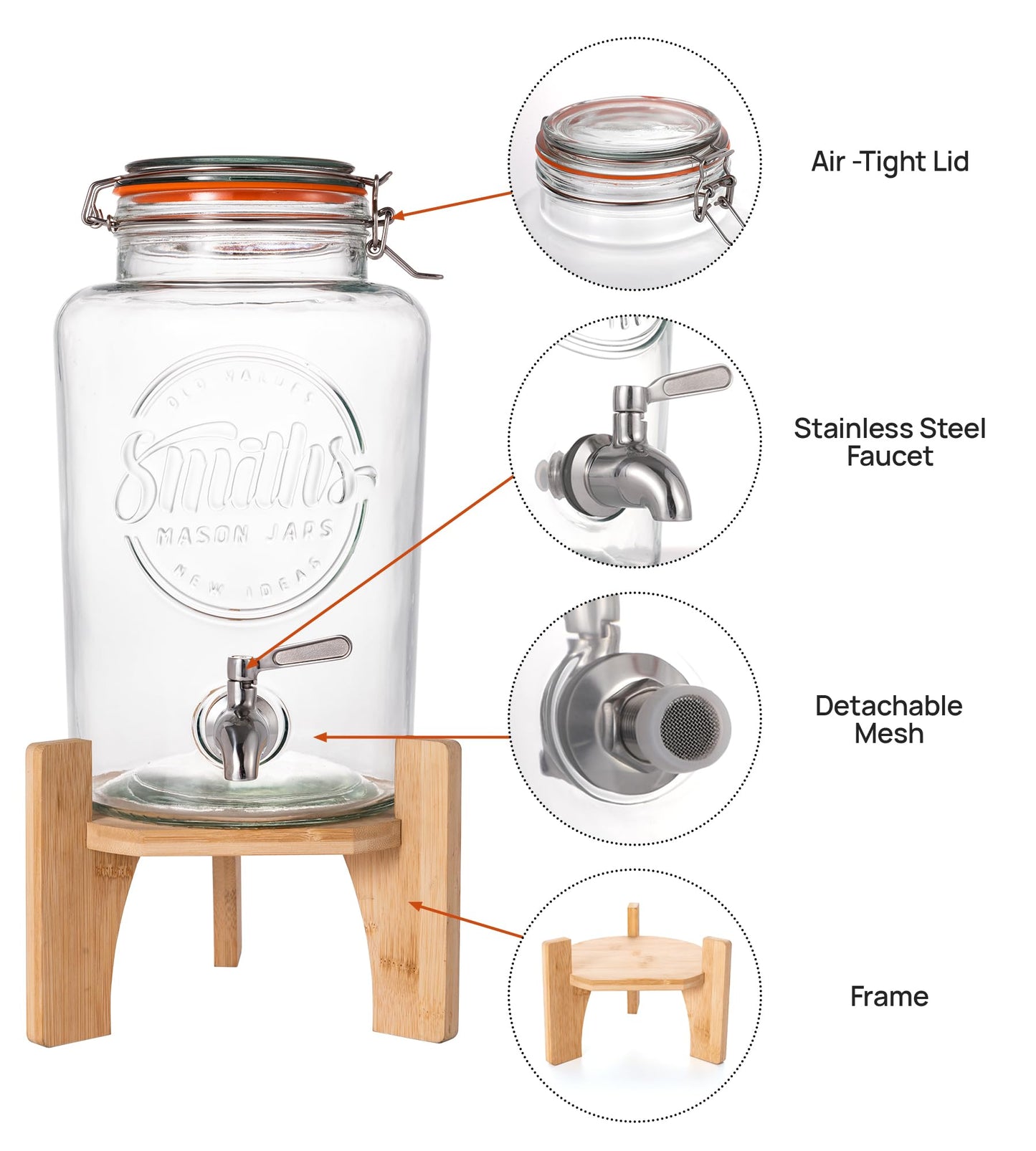 Smith's Mason Jars 5-Litre (169oz) Drink or Water Dispenser with Stainless Steel Spigot(Tap), Removable Mesh Filters and Wooden Stand - Ideal for