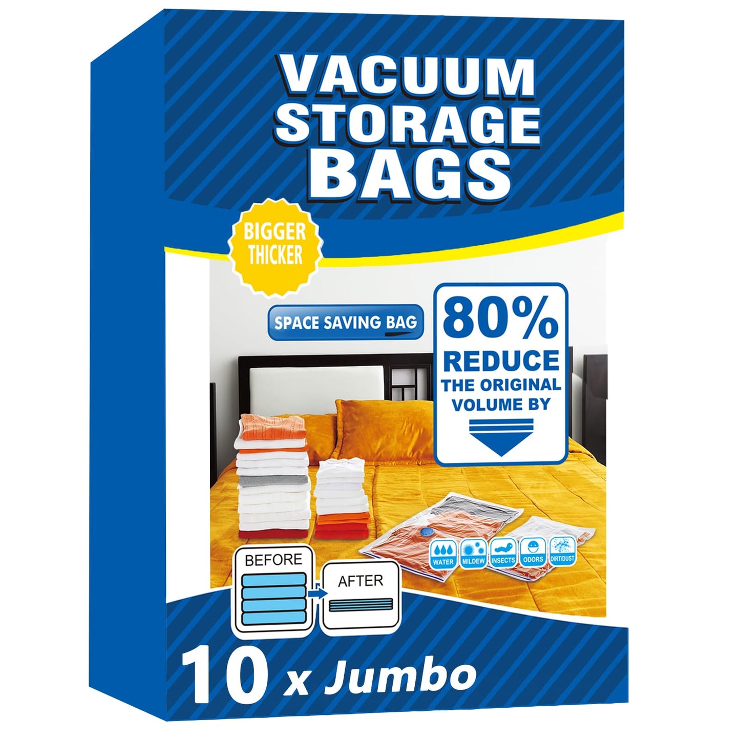Vacuum Storage Bags - 10 Pack Jumbo (80X100cm) Space Saver Sealer Compression Bags, Reusable Vacuum Bags for Storage Clothes, Duvets, Bedding, Quilts