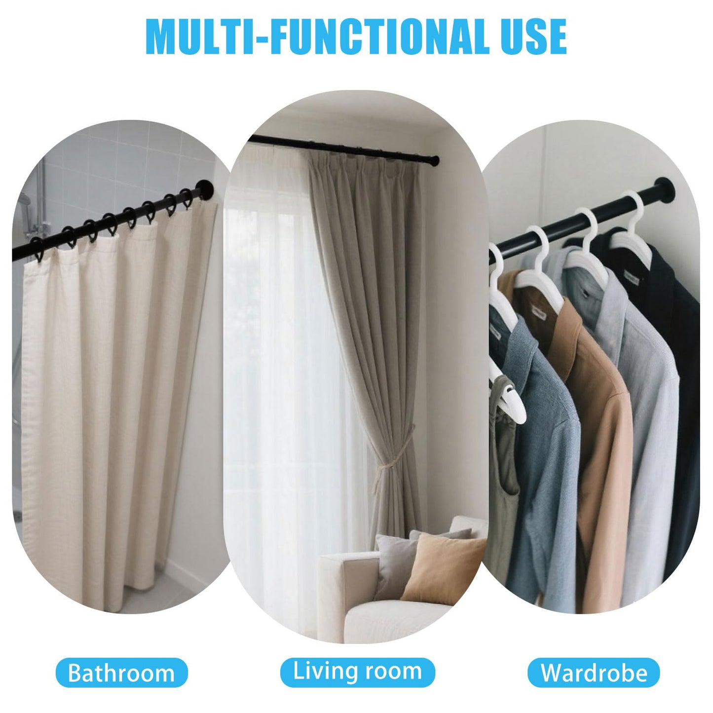 Black Clamping Curtain Bar without Drilling, 71-199 cm Adjustable for Curtains in Bathroom, Bedroom, Wardrobe & Balcony (1 Piece)