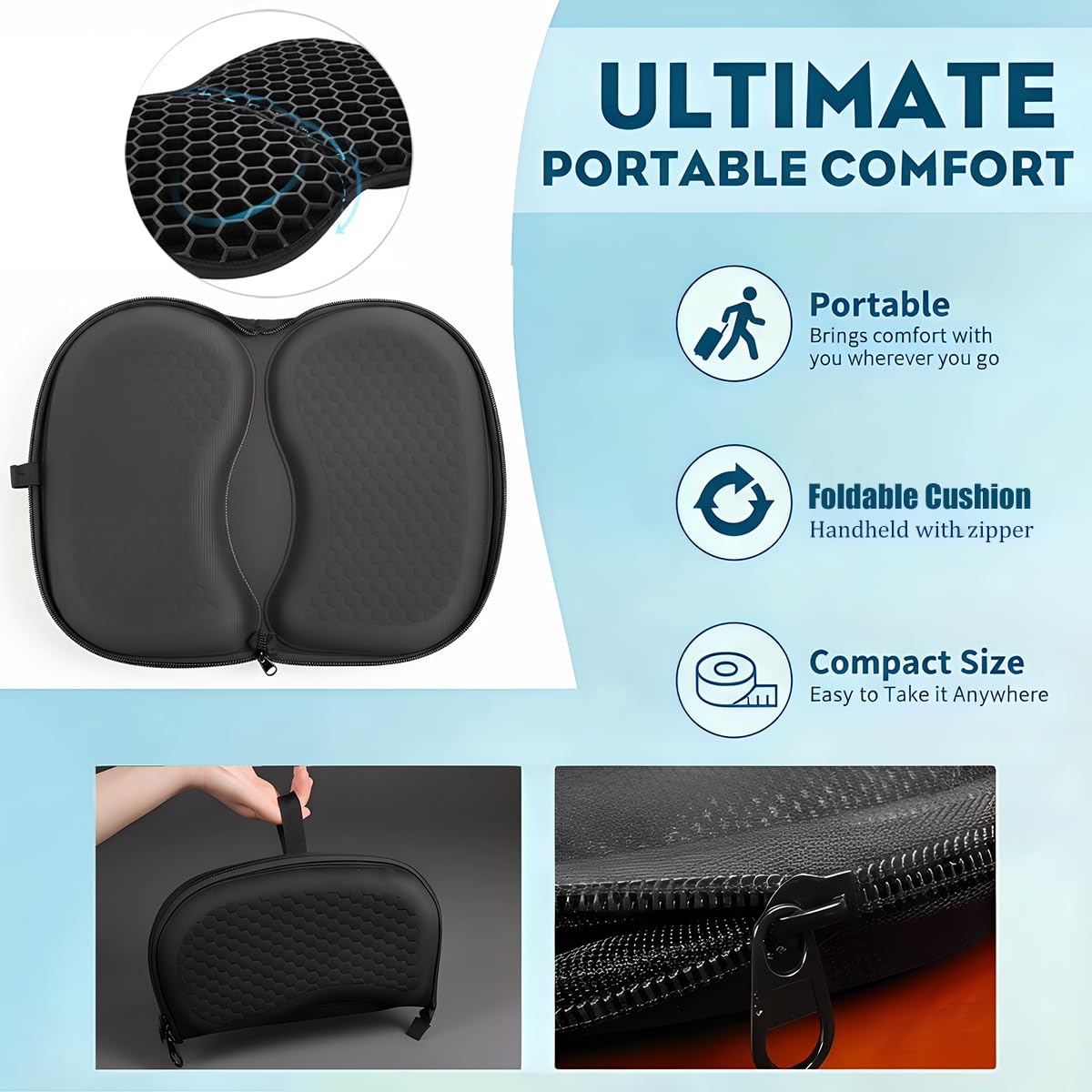masteymoh Foldable Honeycomb Seat Cushion, Small Portable Gel Seat Cushion for Travel, Butt Pillow for Back Pain Relief, Sciatica Black
