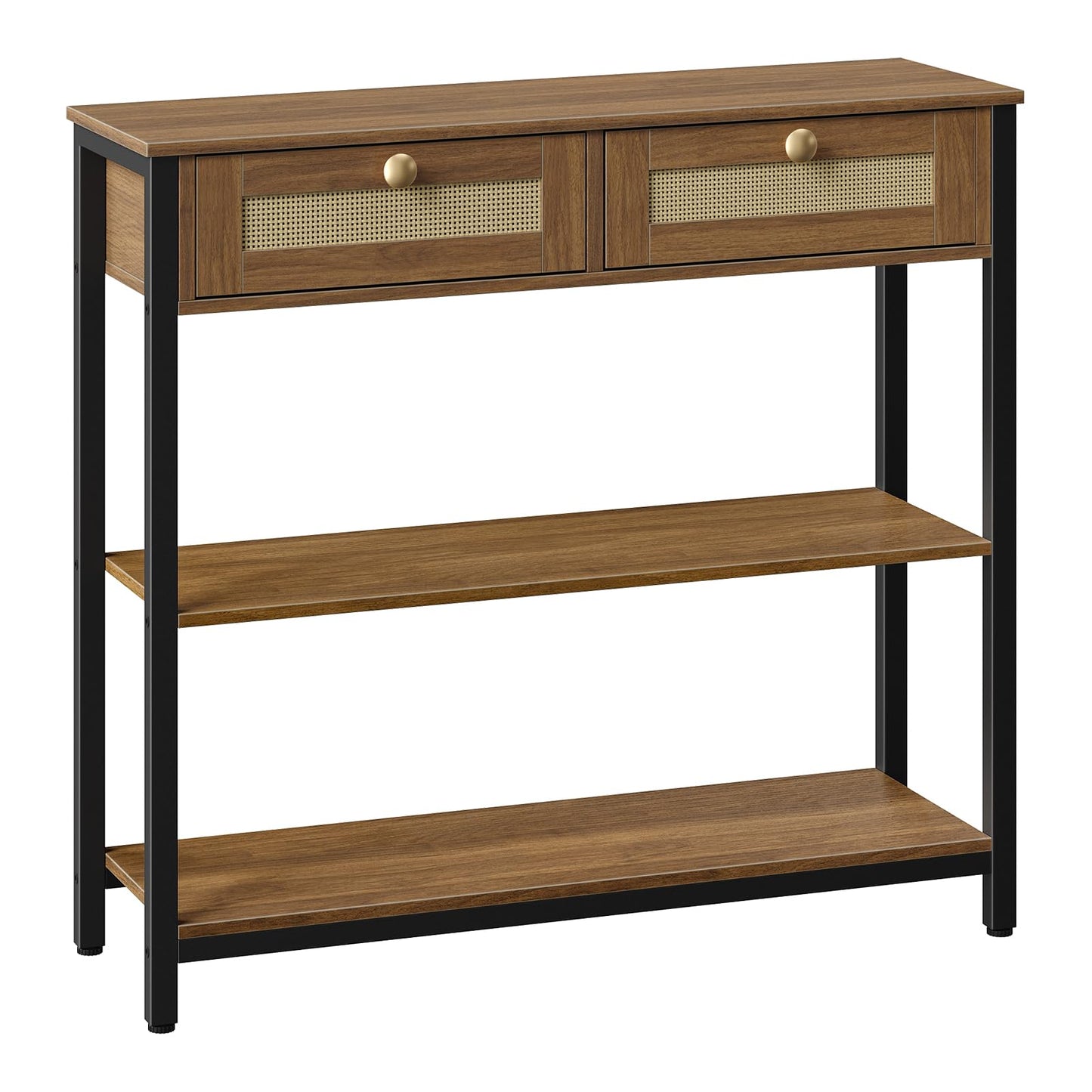 HOOBRO Rattan-Like Console Table, 3-Tier Hallway Table with 2 Flip-Down Drawers and Storage Shelves, 80 cm, Open and Hidden Storage Space