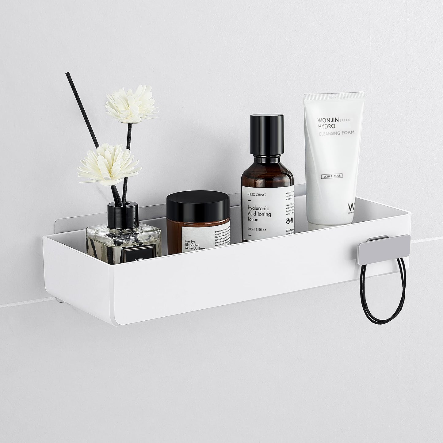 YOHOM White Adhesive Bathroom Caddy Organizer for Tile Wall Mounted Stick on Shower Caddy Floating Shelf Plastic Shampoo Holder with Hook