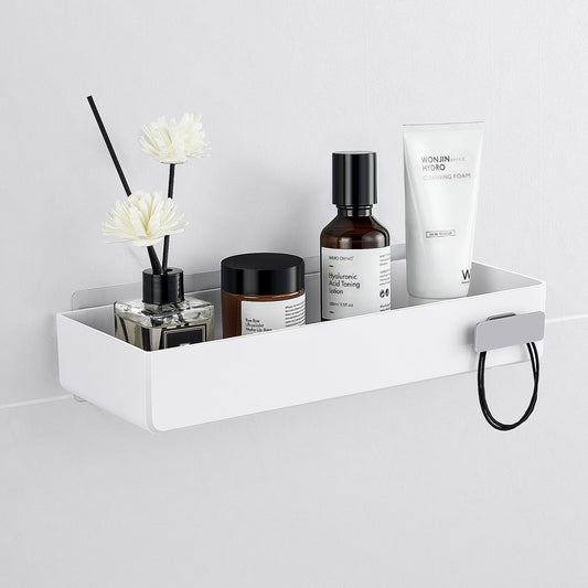 YOHOM White Adhesive Bathroom Caddy Organizer for Tile Wall Mounted Stick on Shower Caddy Floating Shelf Plastic Shampoo Holder with Hook