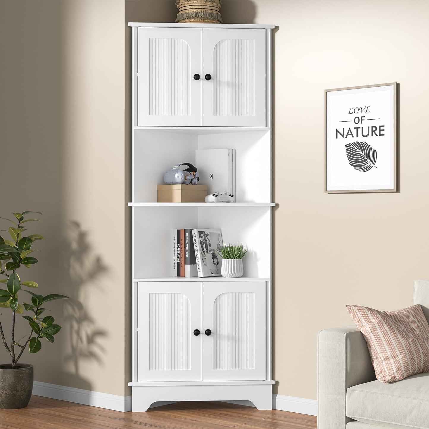 Yvsevnr 173cm Tall Corner Storage Cabinet Wooden 6-Tier Corner Shelf Unit 4 Wooden Doors and 6 Shelves Space Saving Freestanding Sideboard Corner