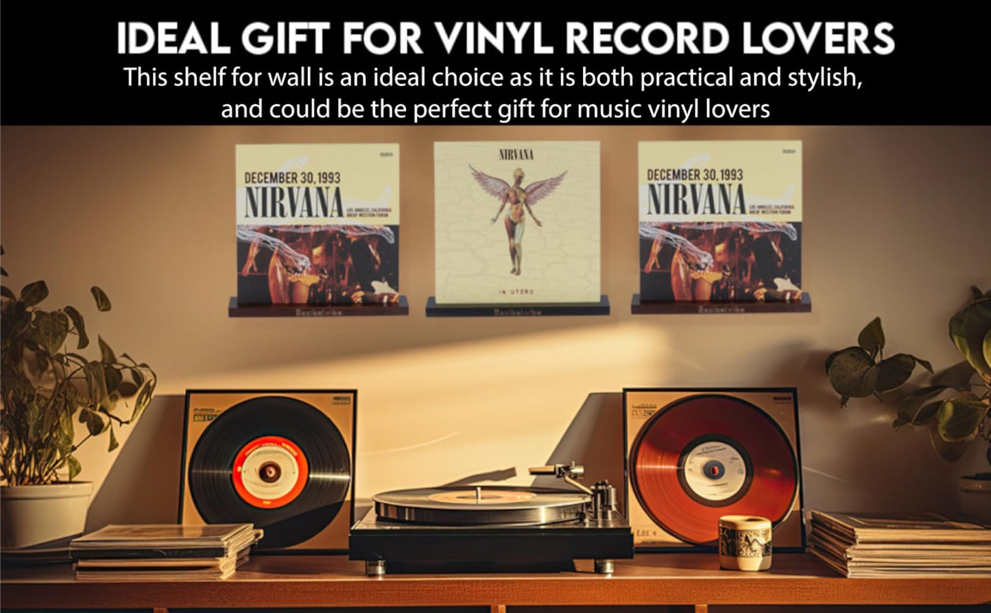 Decibelvibe Vinyl Record Shelf in Wood, Now Playing Stand, Wall Mount, to Showcase your Favorite Vinyls Record, Single and Double Vinyl Display.