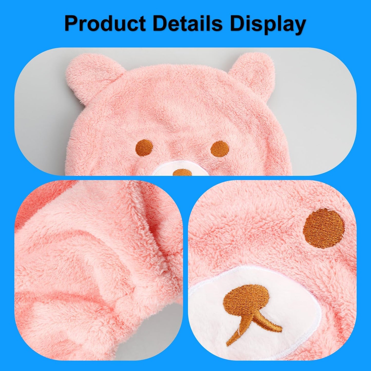 wellrun 2 Pcs Hair Drying Caps,Soft Coral Velvet Towel with Cute Bear Embroidery,Quick Dry Absorbent Hair Wrap for Wet Hairs,Bath Towel for Girls and
