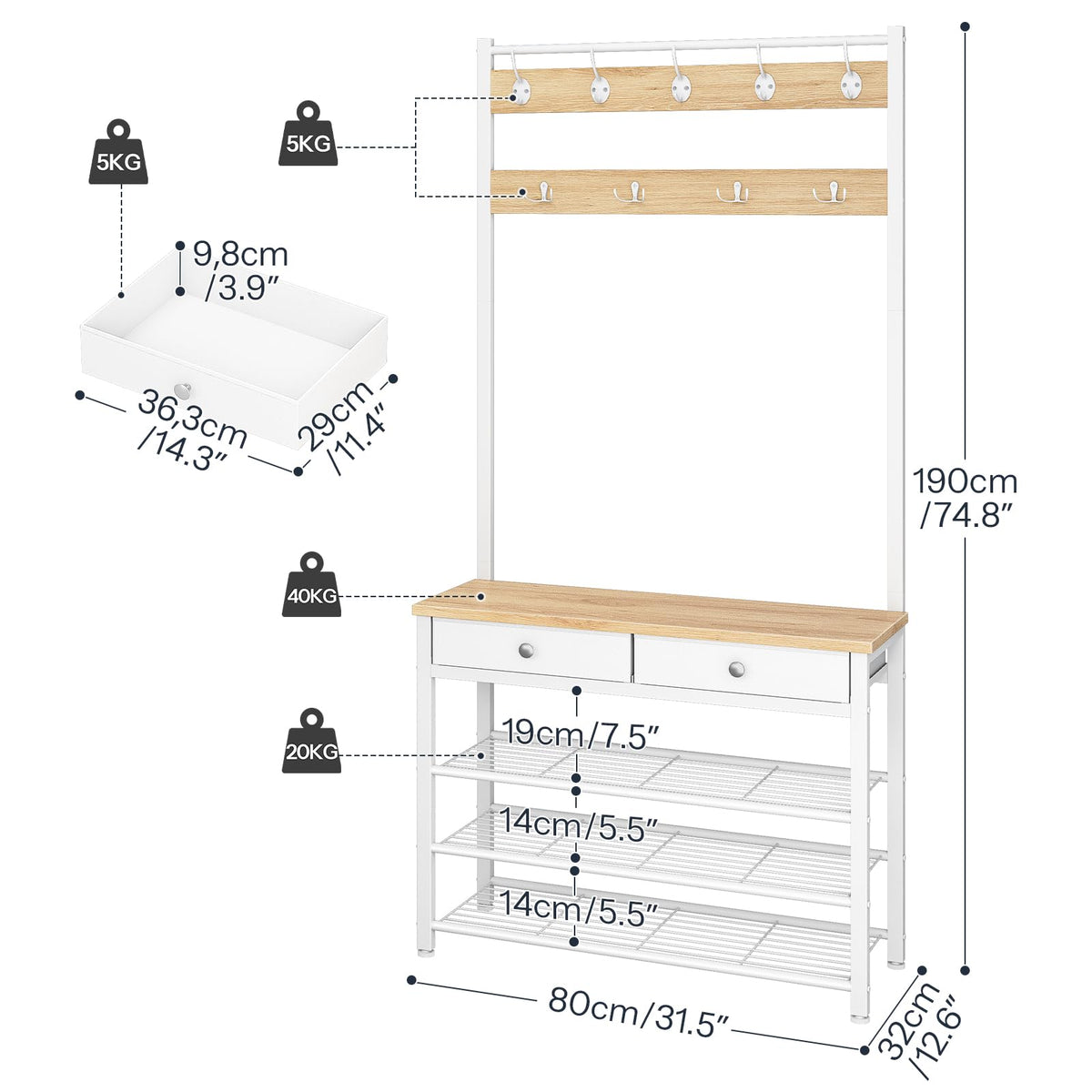 HOOBRO Coat and Shoe Rack, Coat Rack with Shoe Storage, Hall Tree with 2 Non-Woven Drawers, Coat and Shoe Storage for Hallway, Bedroom, Cloakroom