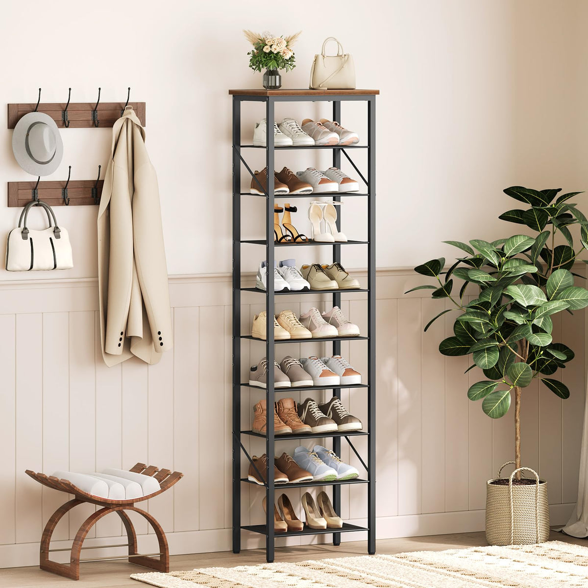 MAHANCRIS 10-Tier Narrow Shoe Rack, Vertical Shoe Storage Organizer, for 12-24 Pairs, Shoe Shelf with Metal Frame, for Hallway, Entryway, Living Room