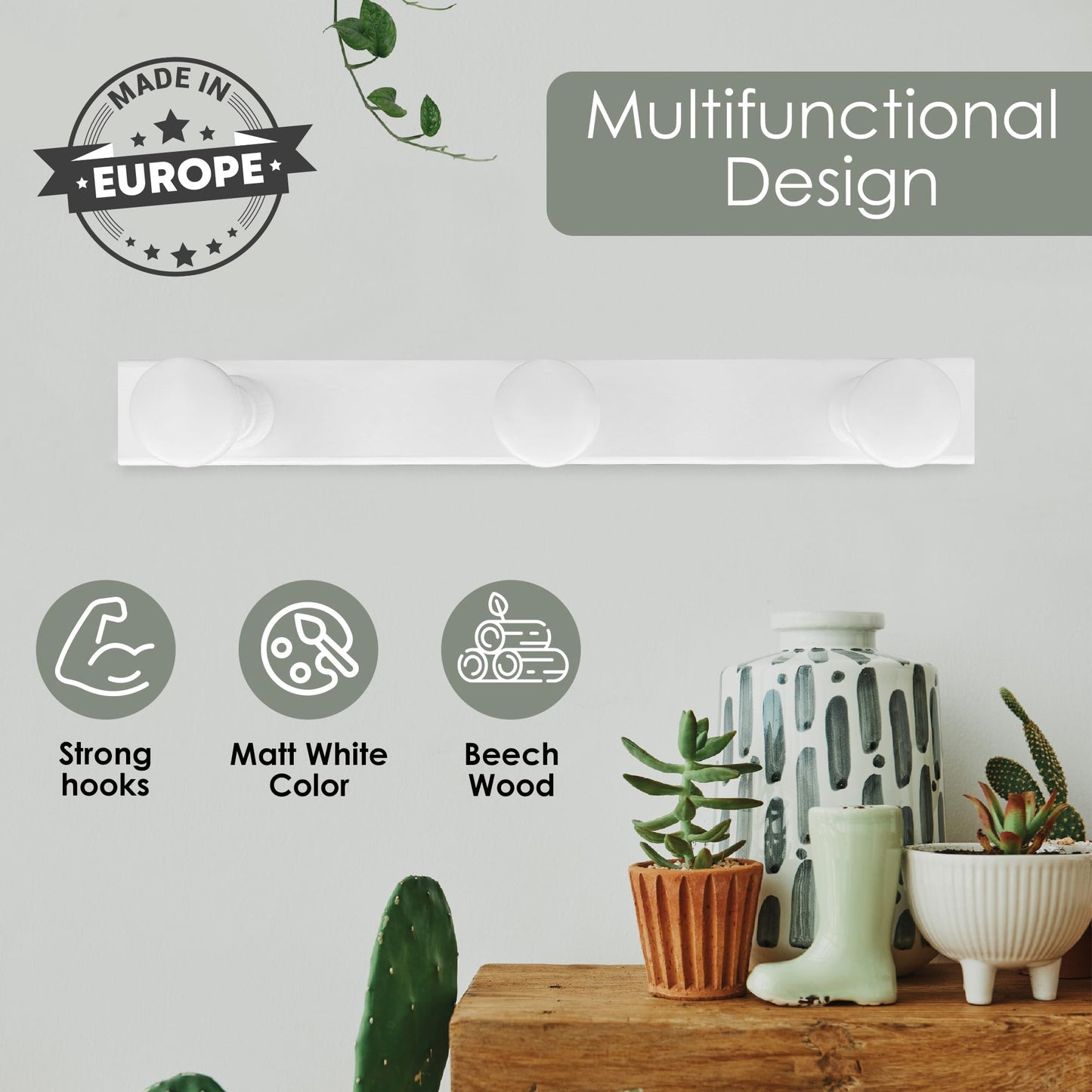 Kukicu White Wall Coat Rack – Wooden Wall Hanger 3 Hooks – Nordic Design Wall Hanger for Entryway, Bedroom, Living Room, Children's (White)