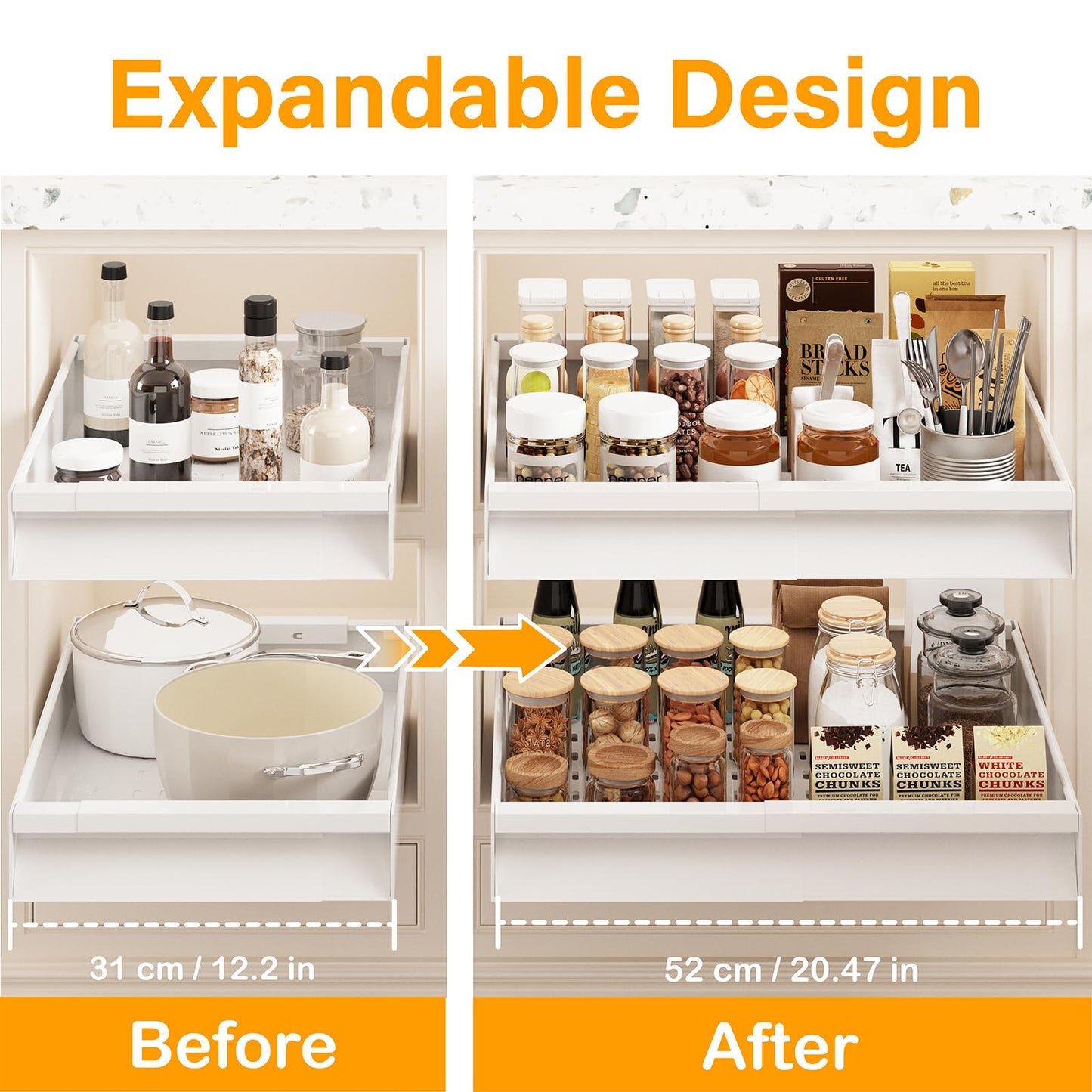 Mointal 2 Pack Kitchen Extendable Drawer, Telescopic Drawer with Adhesive, Adjustable Width 31-52 cm, Pull Out Cabinet Organizer for Kitchen