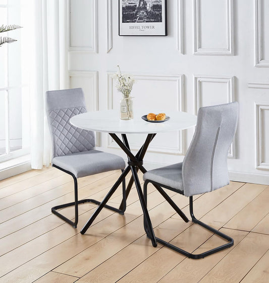 Hallowood Furniture Cullompton Small Dining Table and 2 Chairs Set, White Marble Effect Top Round Table and 2 Chairs with Light Grey, High Back,