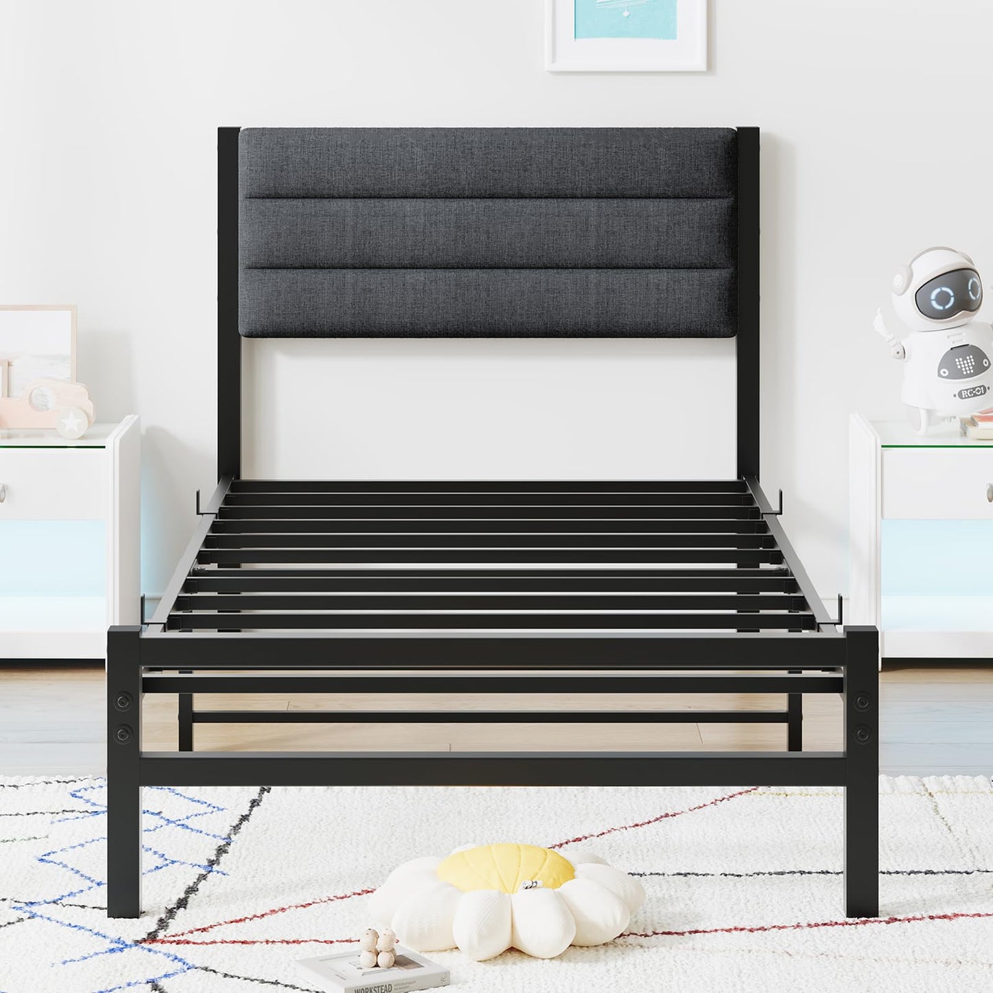 JUISSANO Upholstered Bed 90 x 200 cm Youth Bed Single Bed Metal Bed Frame Bed 90 x 200 cm with Metal Slatted Frame
