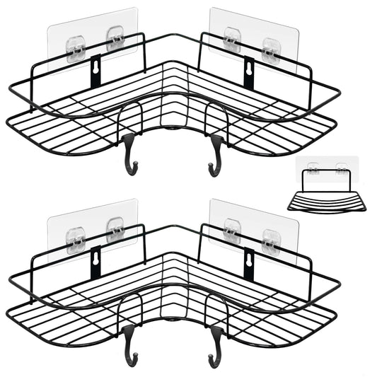 ADORAMOUR Corner Shower Caddy Set -2 Pack Bathroom Organiser with Soap Dish, Adhesive Storage Rack for Toiletries, Shower Shelf Drill-Free or Drilling
