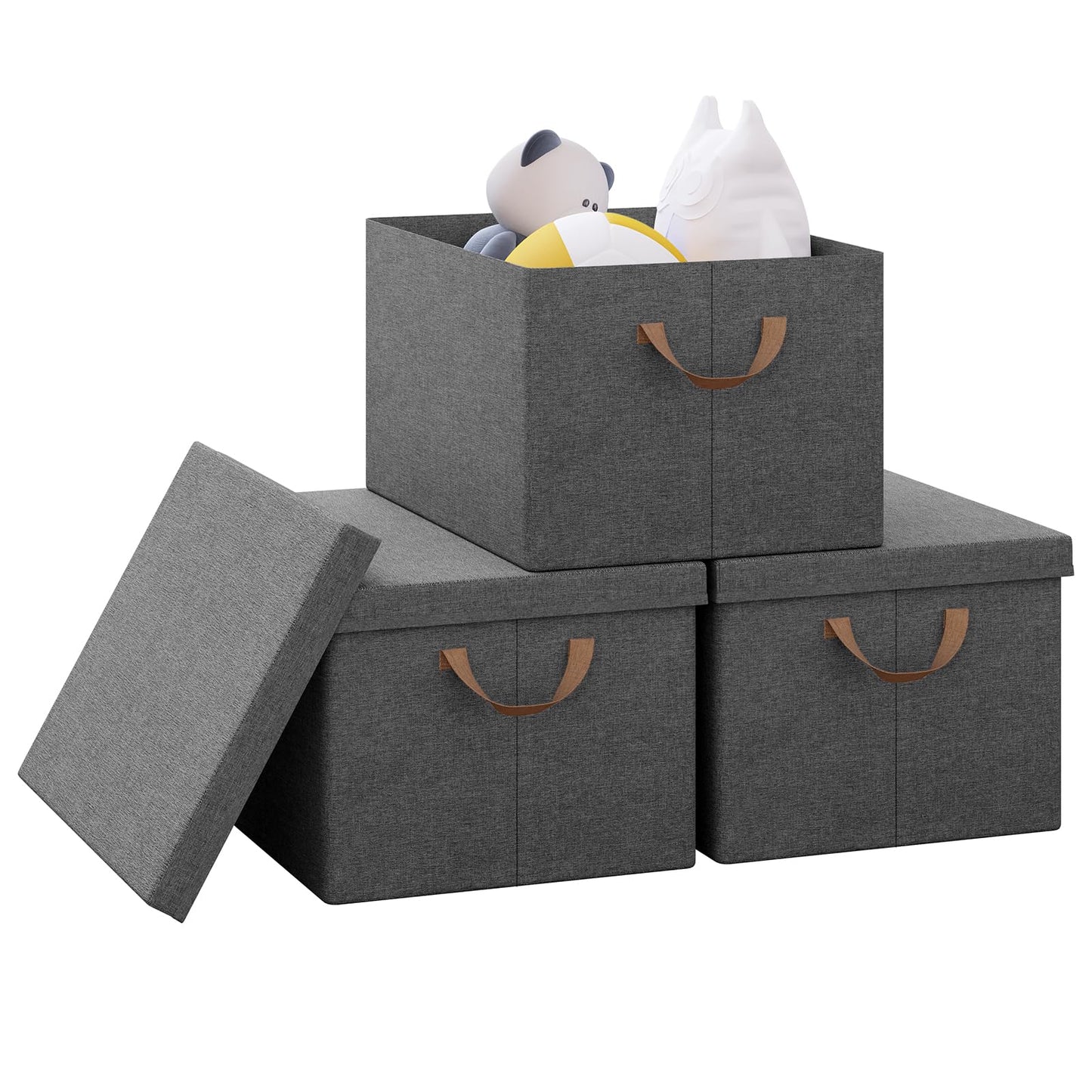WOLTU Collapsible Storage Boxes Set of 3, Non-Woven Fabric Storage Boxes with Removable Lid, Handles, Metal Frame, 36L, Grey, 43x33x26cm