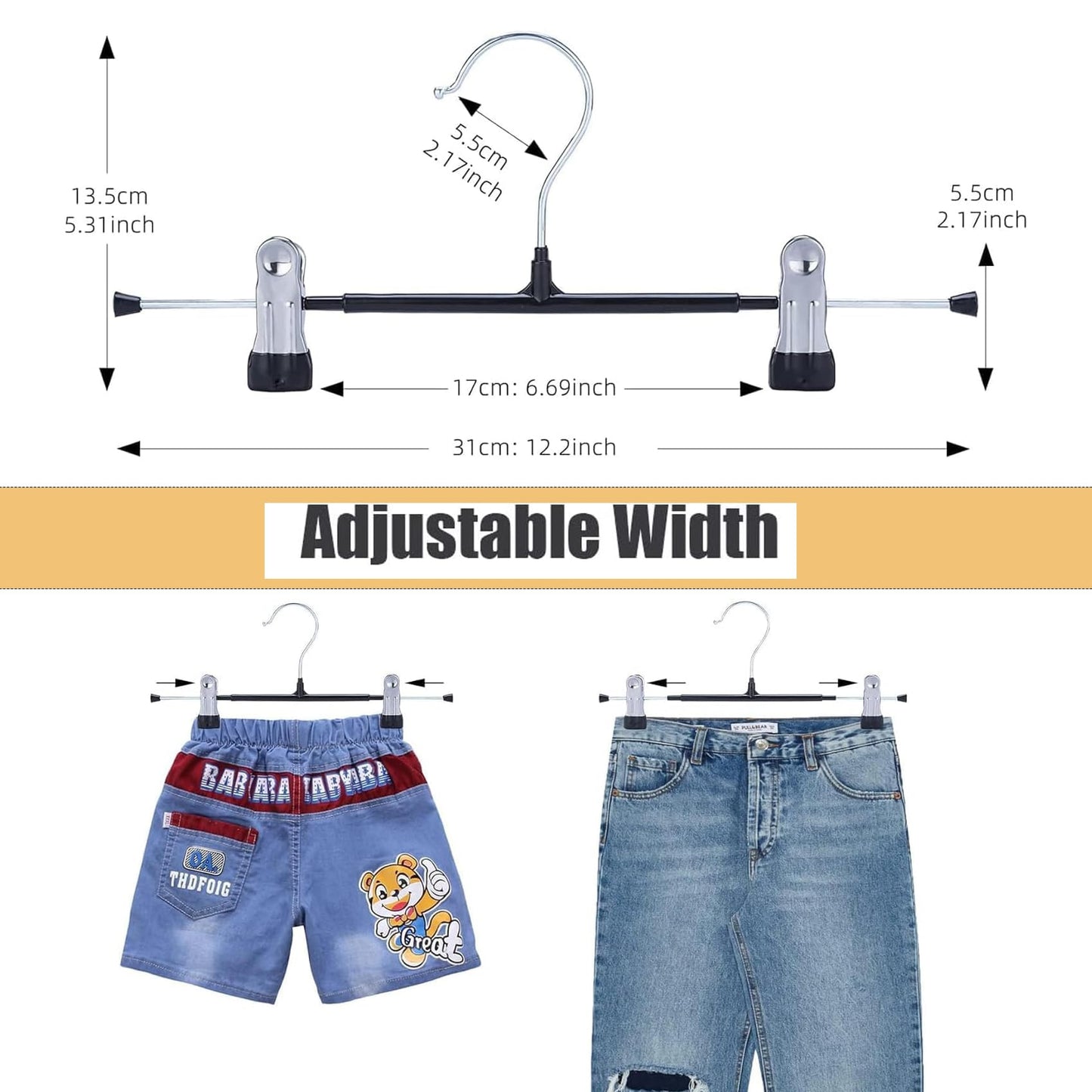 10Pack Trouser Hangers -Skirt Hangers with Adjustable Non Slip Clips Strong Chrome- Space Saving Pant Hangers,Heavy Duty Metal Hangers for Shorts