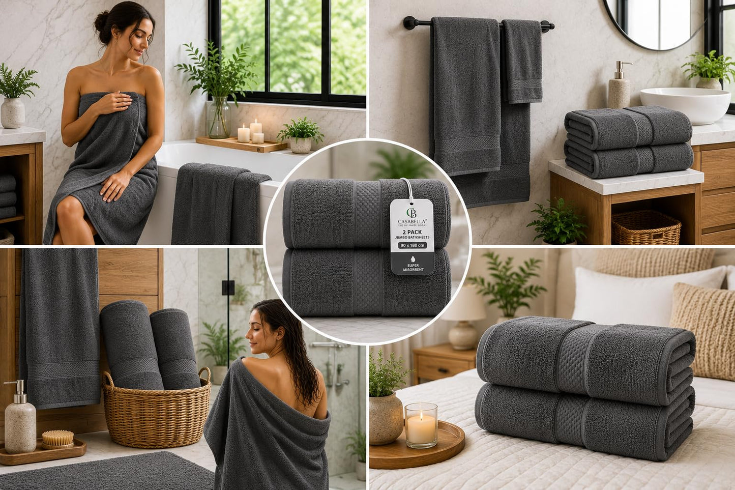 Casabella CB 2 Piece Jumbo Bath sheets 100% Combed Cotton Extra Large Bath Towel bale set super Absorbent Soft Grey 2 Pack 90X180 CM Bath sheets