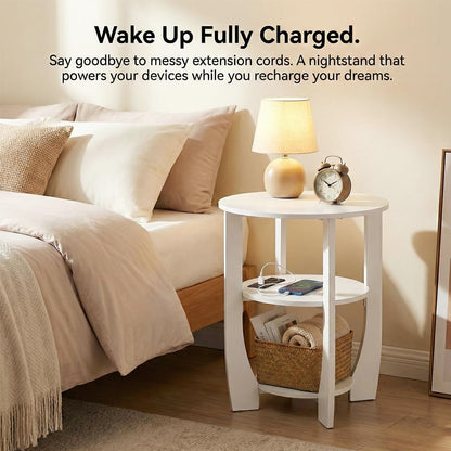 ZEXVIDA 3 Tier Round Side Table with Charging Station, Farmhouse Wood End Tables with Storage
