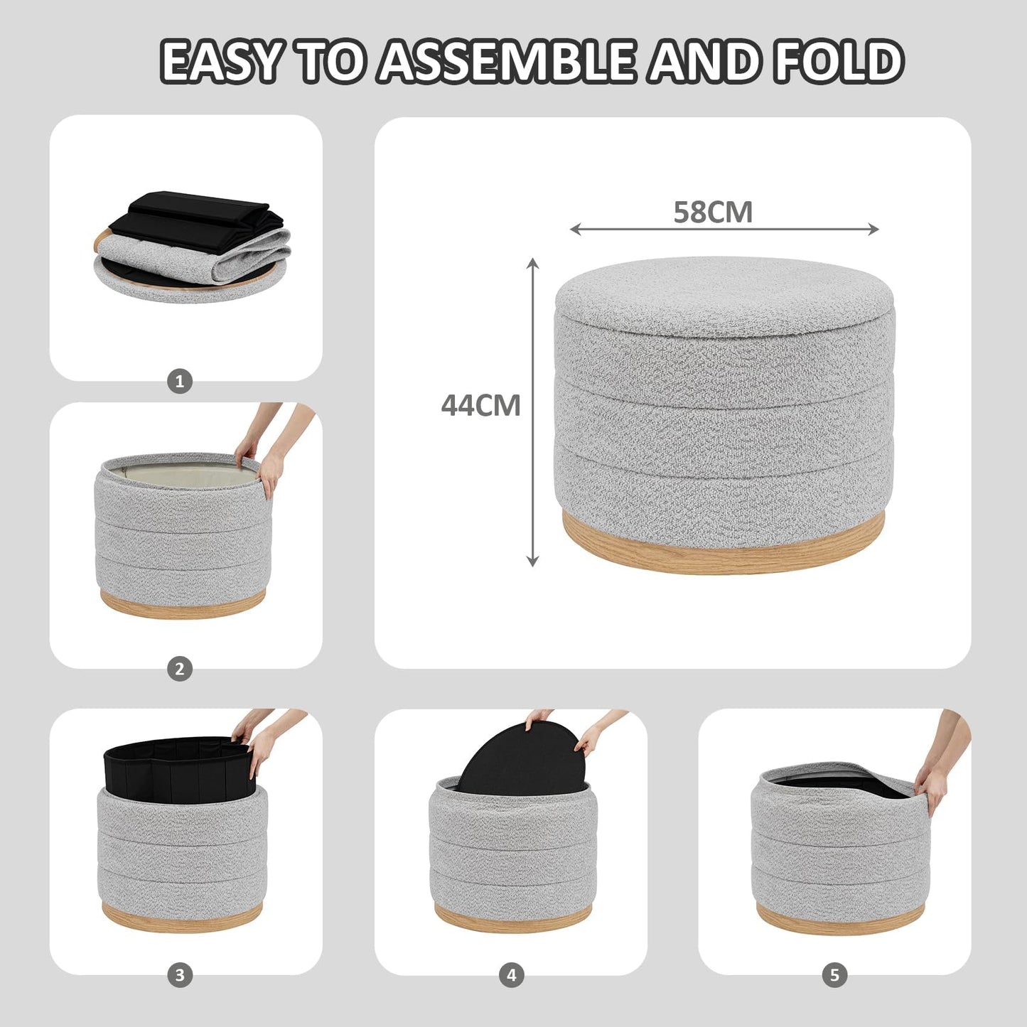 PINPLUS Round Chenille Storage Ottoman, Tray Top, 58x58x44 cm, Silver Grey