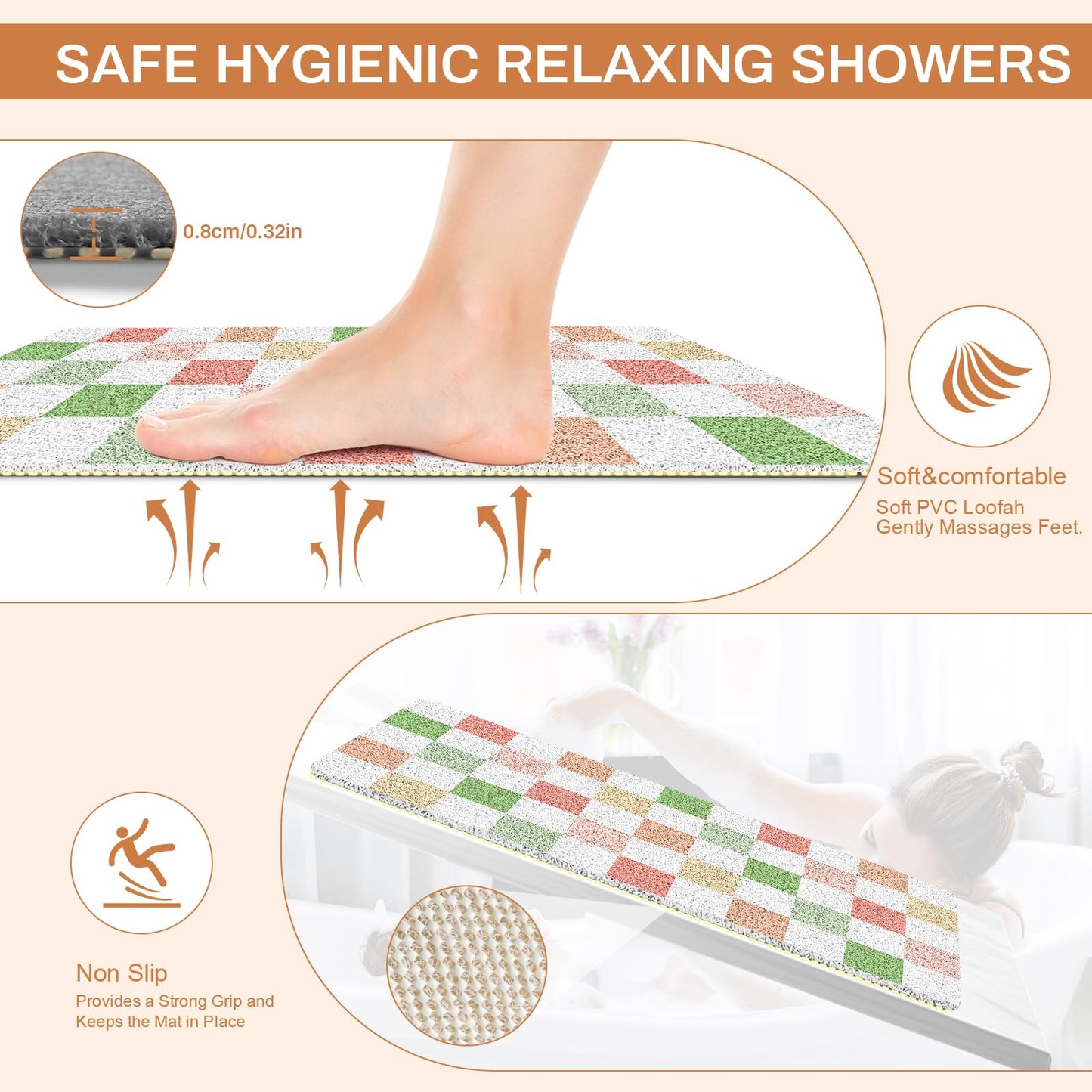 BLESWIN Shower Mat Non Slip 40x80CM, Checkered Shower Quick Dry Mats with Drain, Large Quick Dry PVC Bath Mat for Inside Shower
