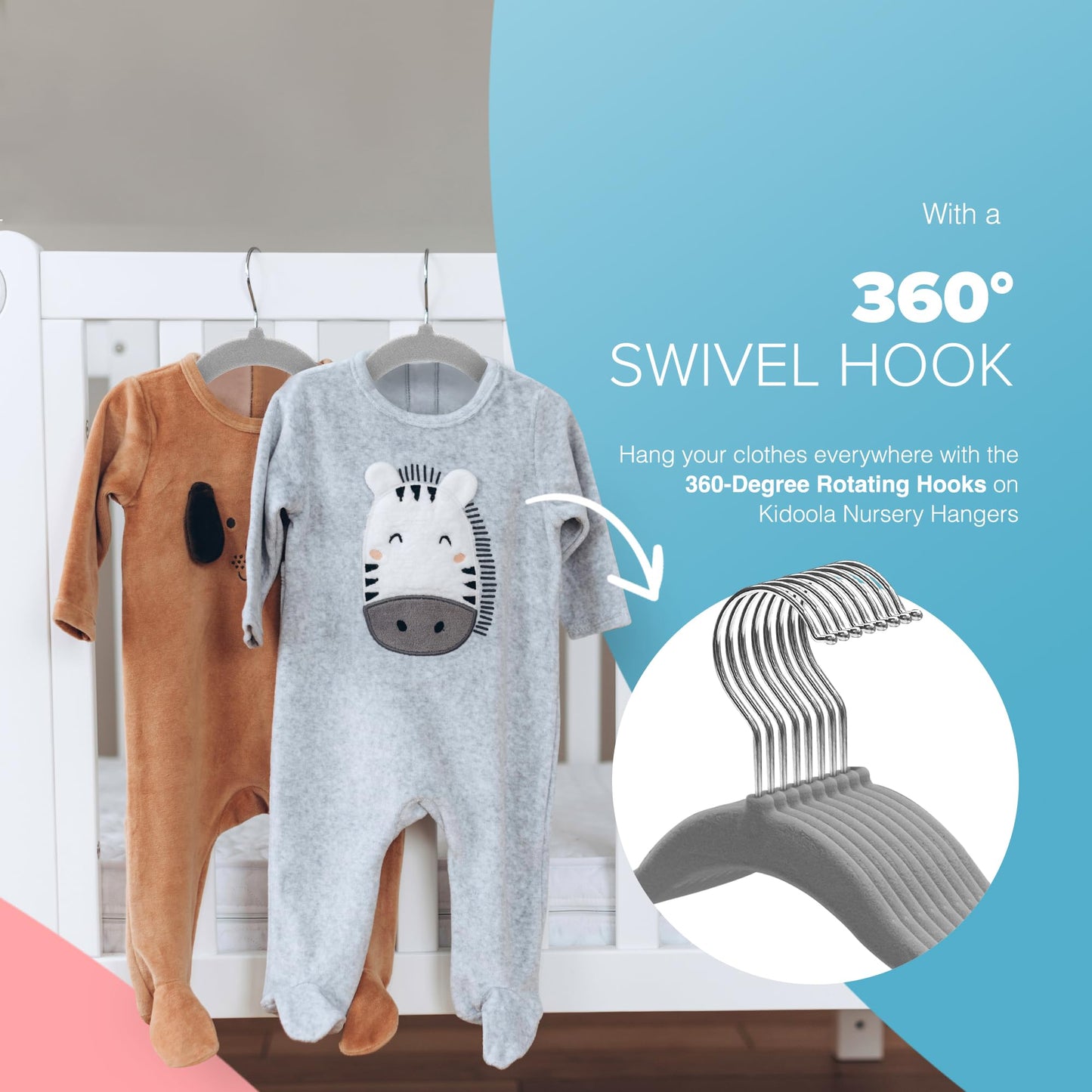 Kidoola 20 Velvet Baby Hangers, Nursery Coat Clothing Hangers for Babies, Infant, Toddlers and Kids, Unisex for Boys or Girls up to 24 Months (Grey)