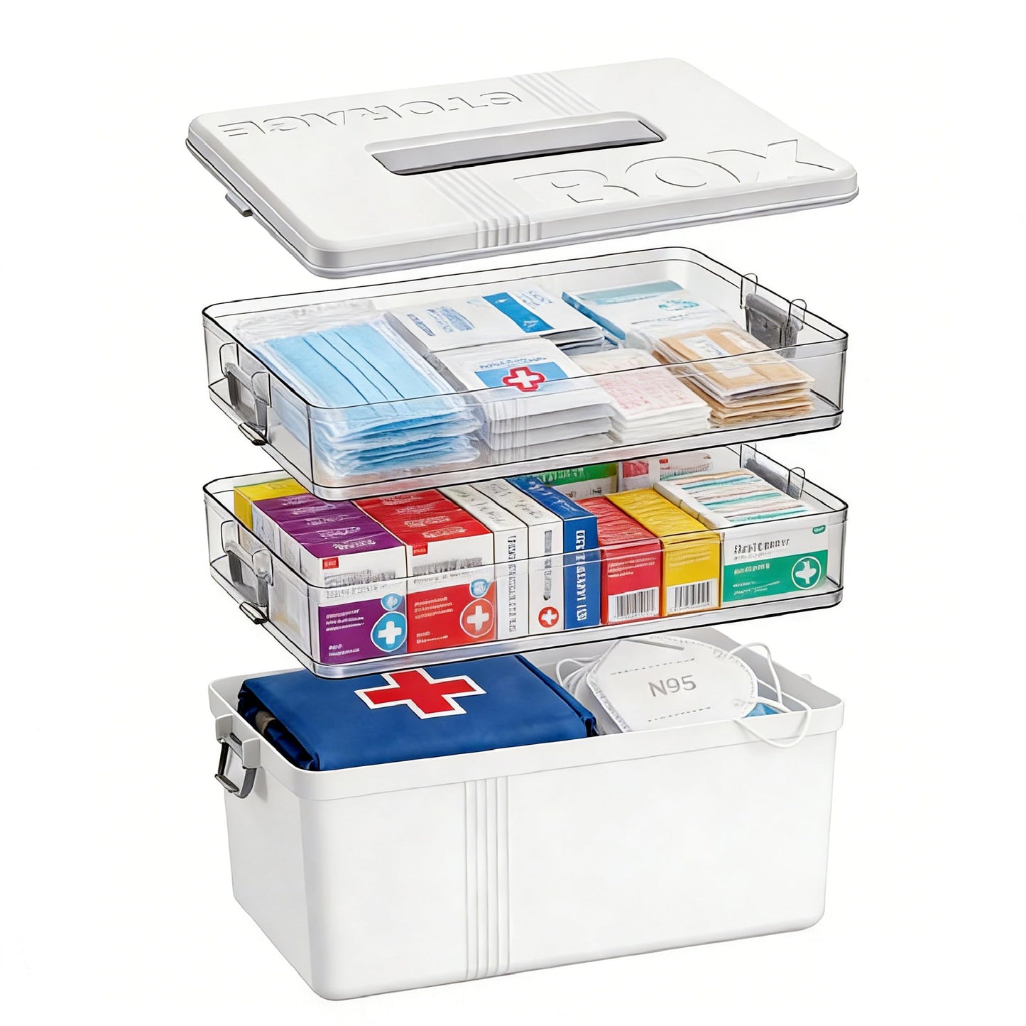 TranRantic 3-Layer Medicine Storage Box, 33.5×22×26.5cm Large Medicine Box with Leather Handle, Multifunctional Medication Storage Box