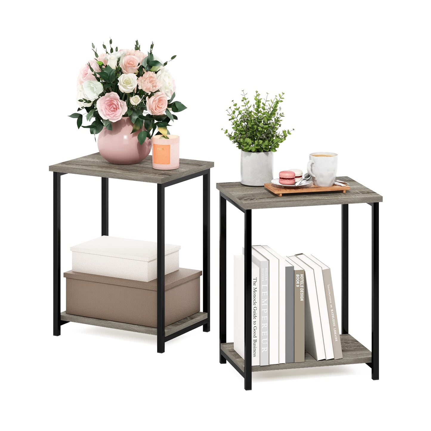 Furinno SIMPLISTIC Side Table Set of 2, 2-Tier Metal Frame End Table with Open Shelf, Night Stand, Bedside Table, for Living Room, Bedroom, French Oak