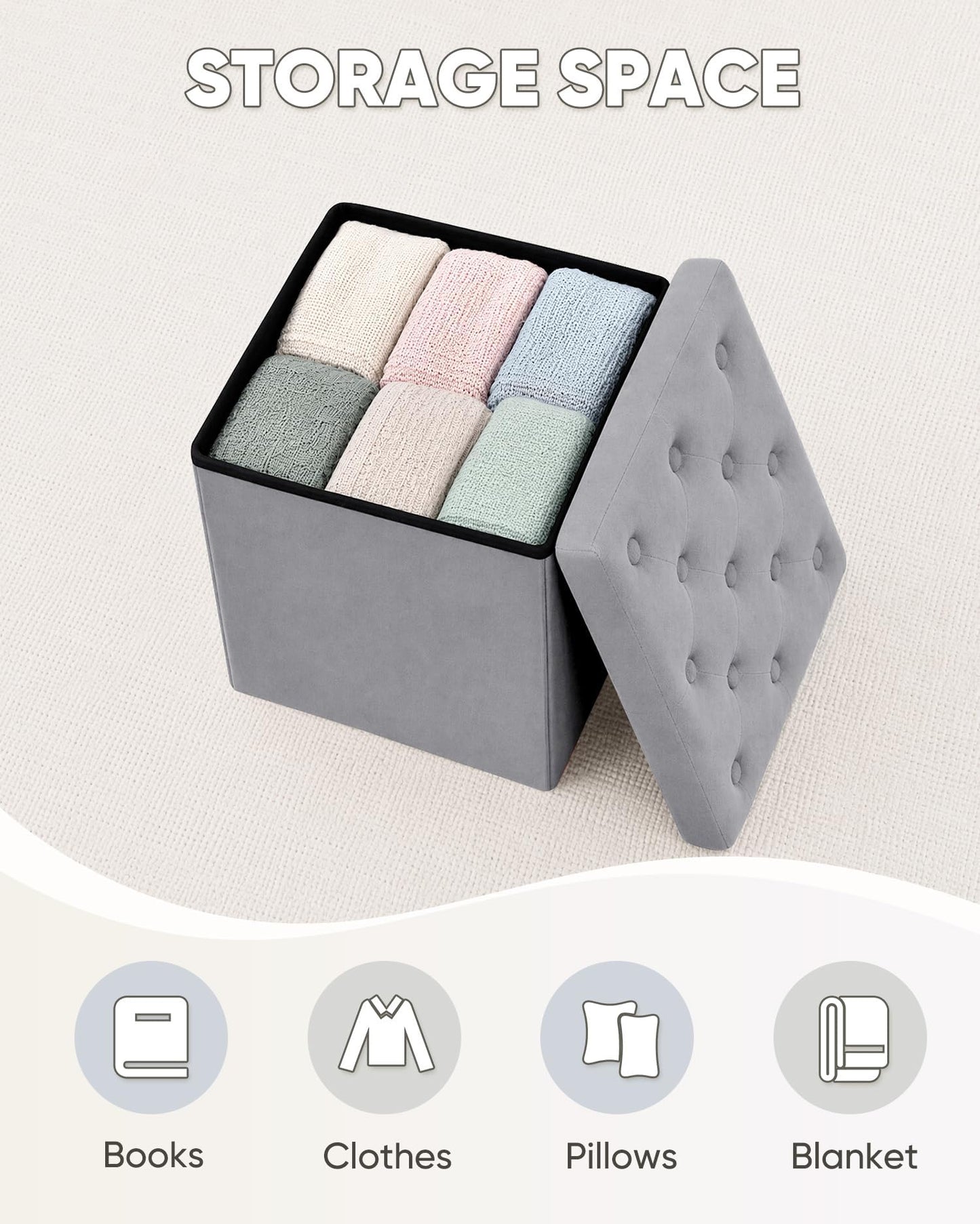 Bonlife Velvet Foldable Storage Ottoman Cube,Grey Footstool with Lid,40cm