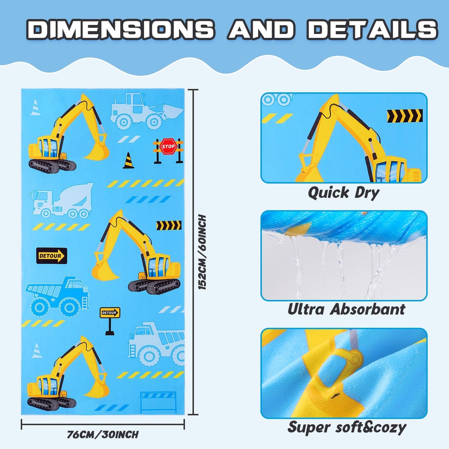 WERNNSAI Truck Microfibre Beach Towel for Kids, 76 x 150cm Bath Towel
