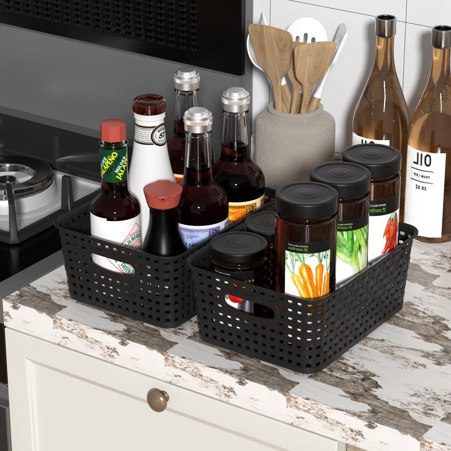Udotry 6 Pack Plastic Weave Storage Basket Small Rattan Organizer Box Black