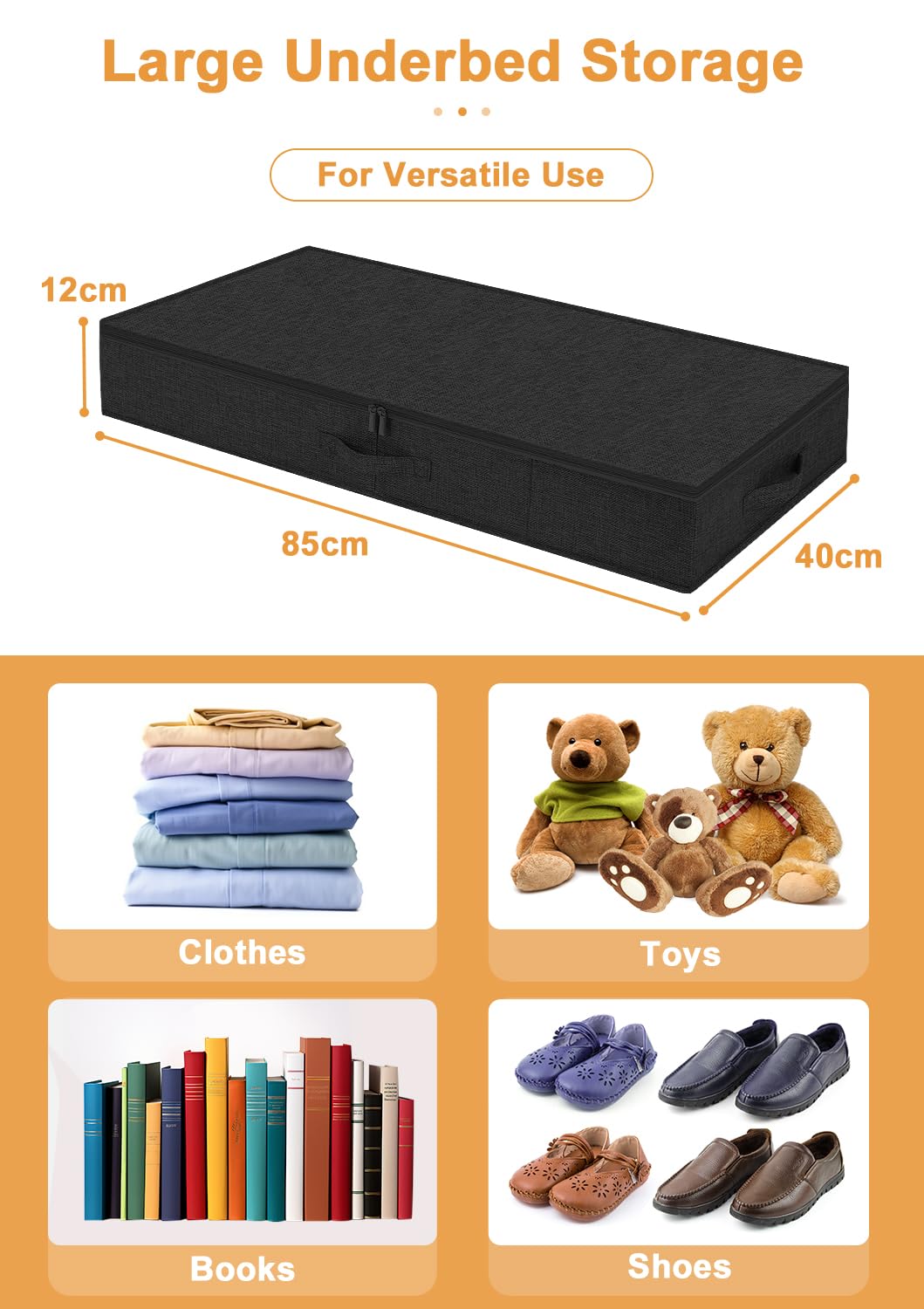 Huquter 40L 12cm Shallow Under Bed Storage Boxes with Lids, 2 Pack, Black