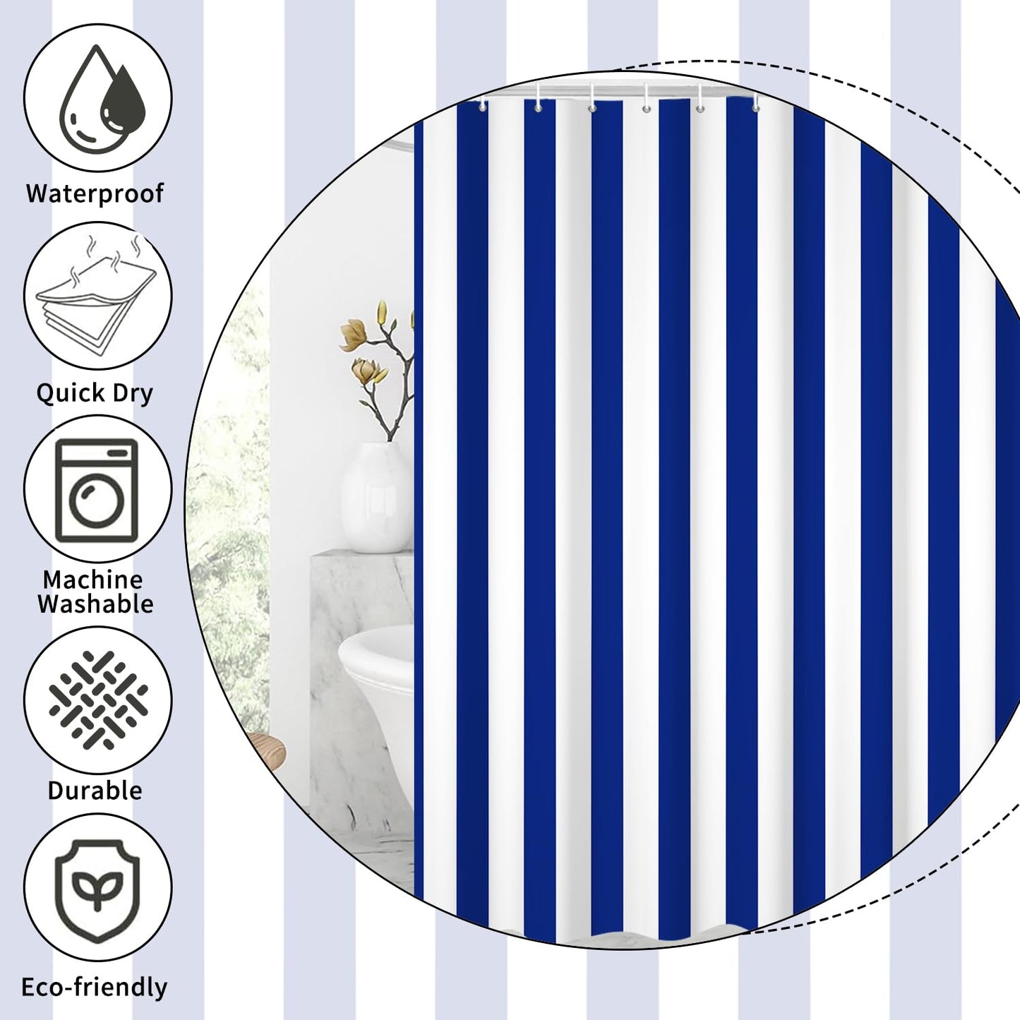 GCIREC Shower Curtain, 180x200cm, Blue and White Modern Minimalism Vertical Stripes Waterproof Fabric Machine Washable Bathroom Curtain with Hooks