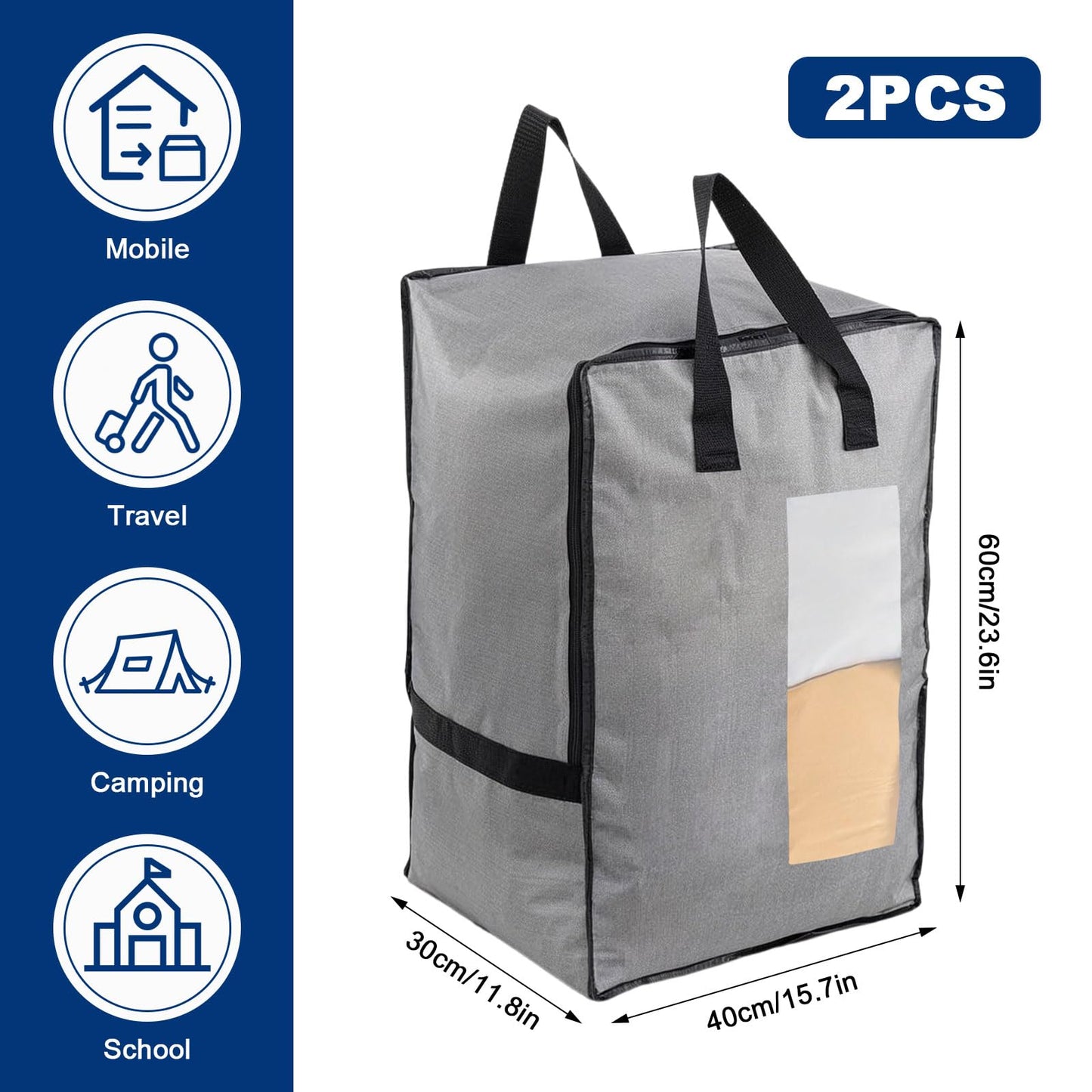 Culinavog 2PCS Backpack Moving Bag, Large Storage Bags with Lid and Zips, Tear-Resistant Reusable with Handle and Backpack Straps Transparent Window