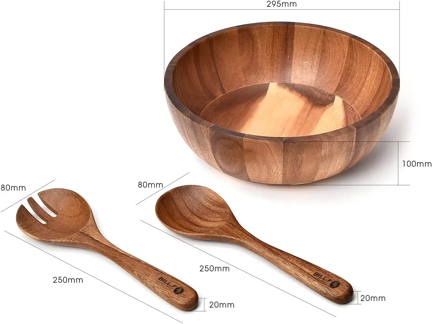 BF BILL.F SINCE 1983 Acacia Wood Salad Bowl Set, Wooden Server for Fruit & Salad - Family-Sized, 30cm Large, 3Pcs- Natural, Durable, and Stylish