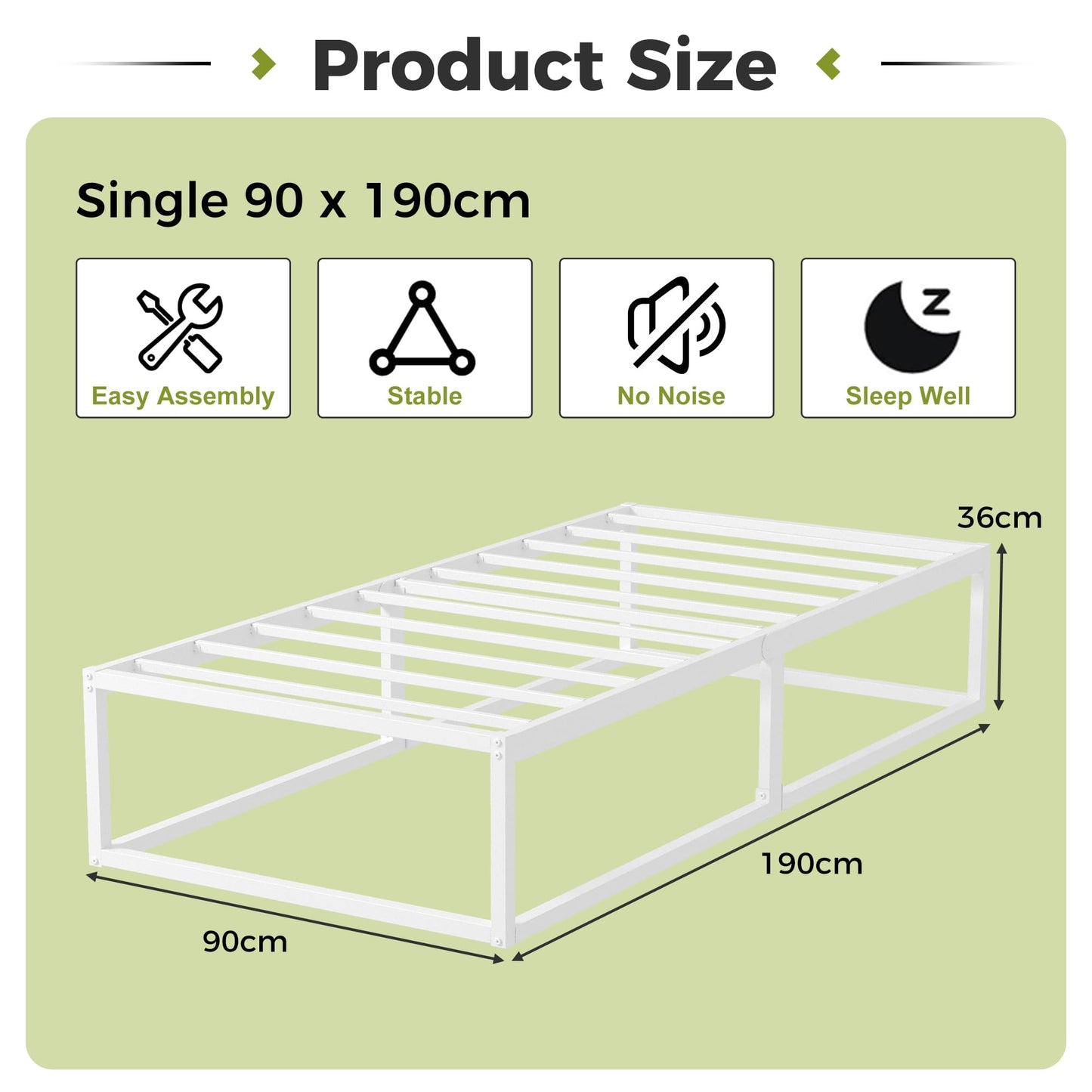 EMODA 3ft Single Bed Frame 36cm High with Steel Slats Support, White