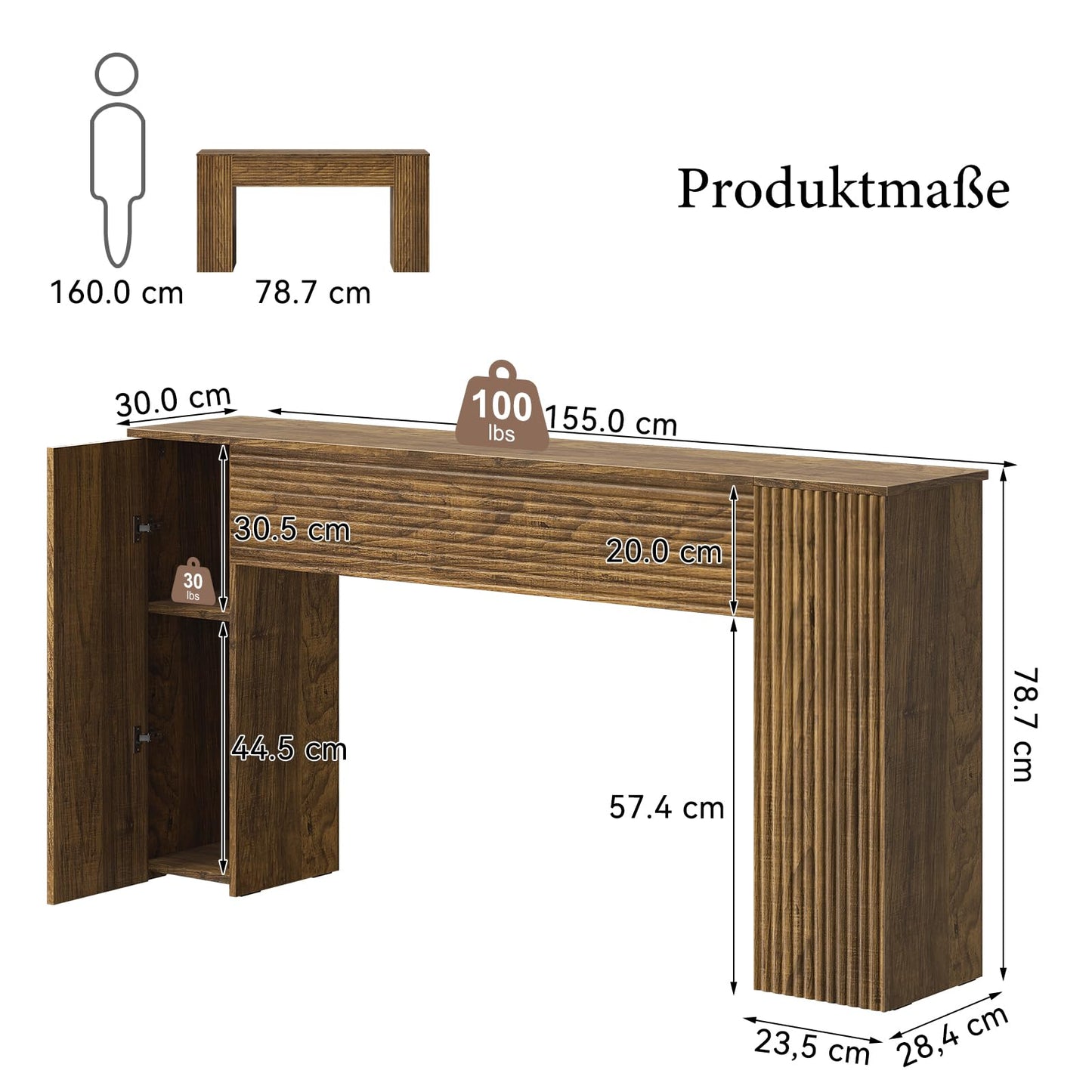 Mossora 155cm Brown Fluted Narrow Console Table with Storage Cabinets