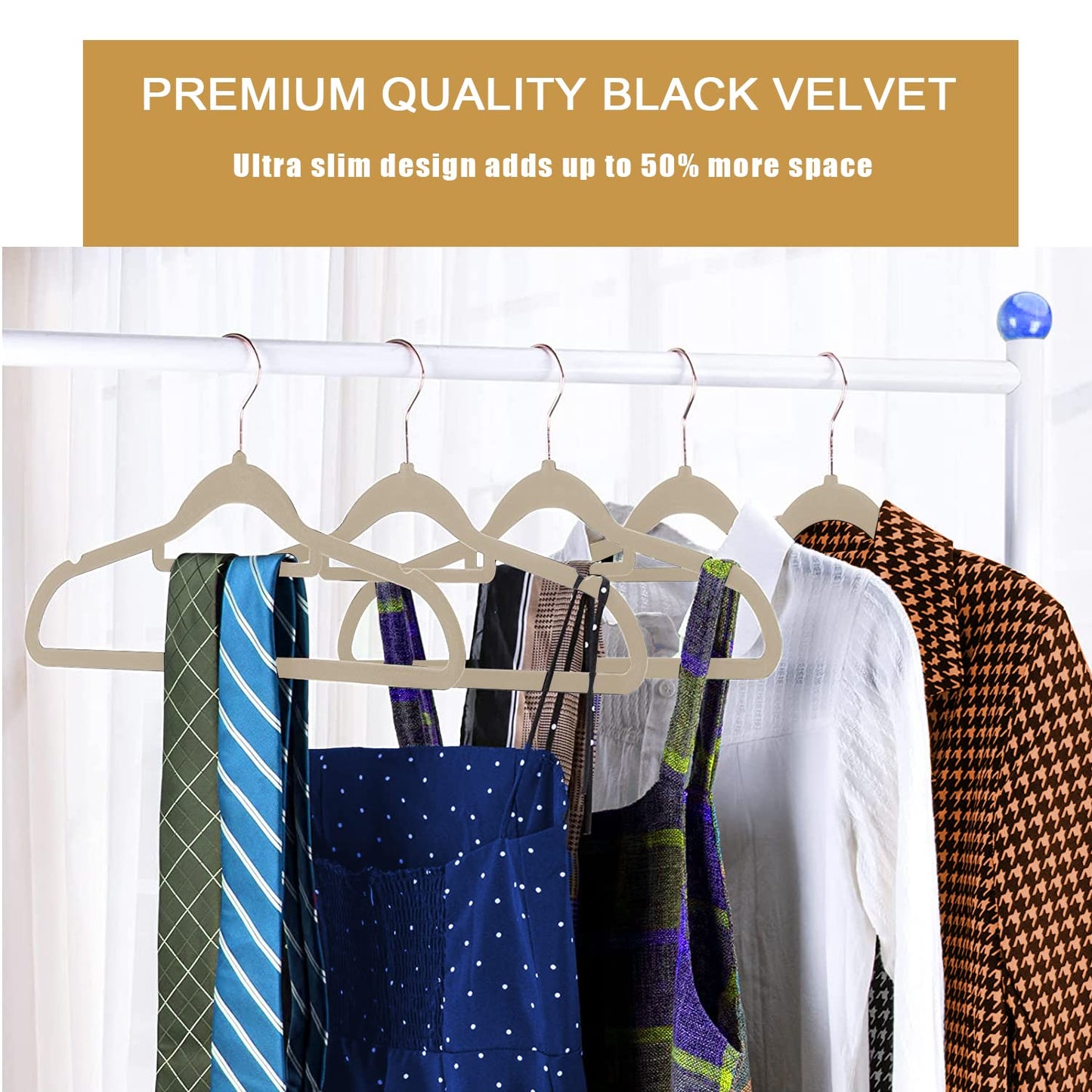 GVTECH Premium Velvet Hangers, [50 Pack] Non Slip and Heavy Duty Velvet Suit Hangers (45cm) with Tie Bar, 360° Swivel Hooks, Sturdy to hold Jumper