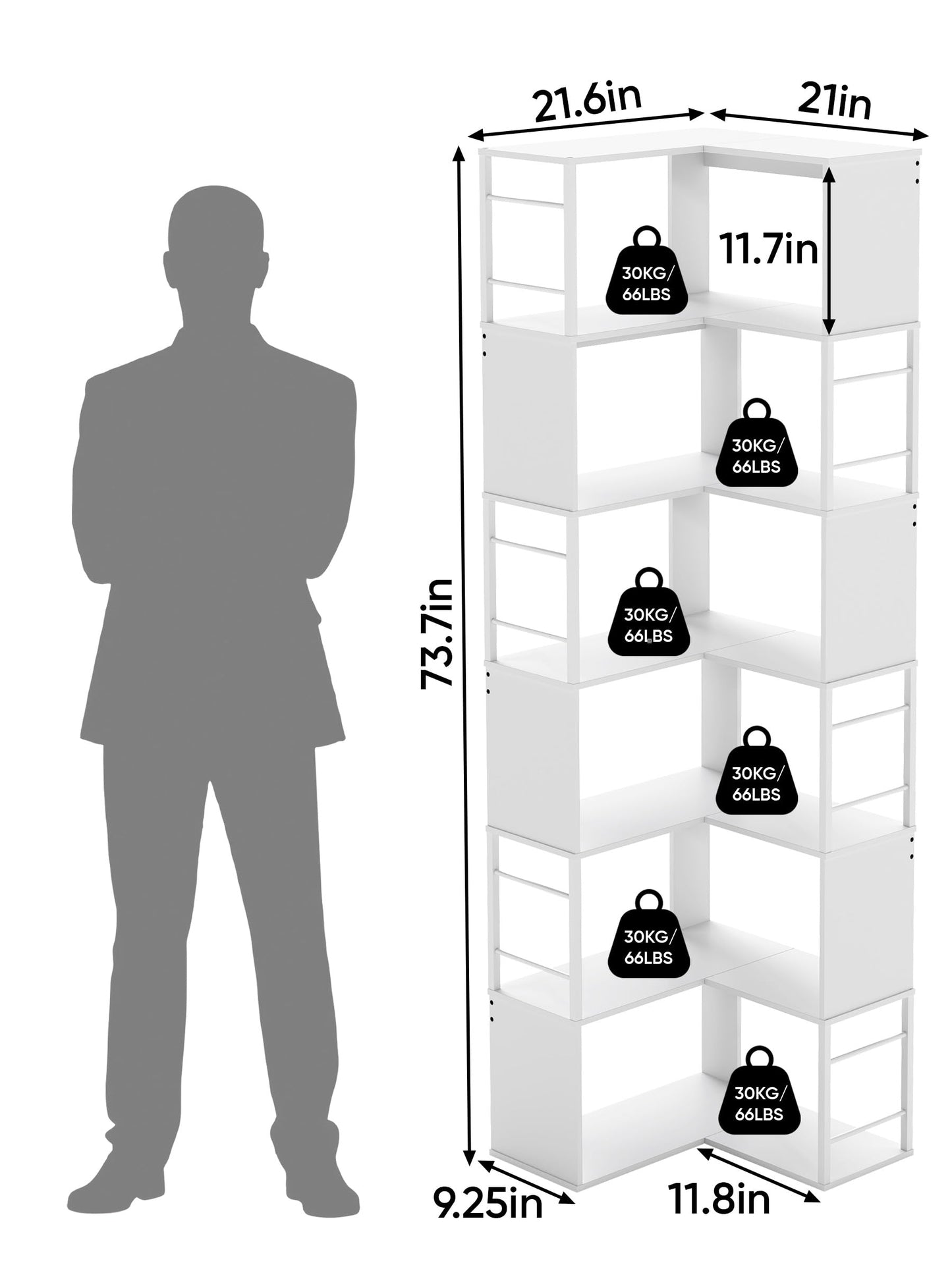 Quikraen 7-tier Corner Bookshelf, Tall L-Shaped Bookcase，White