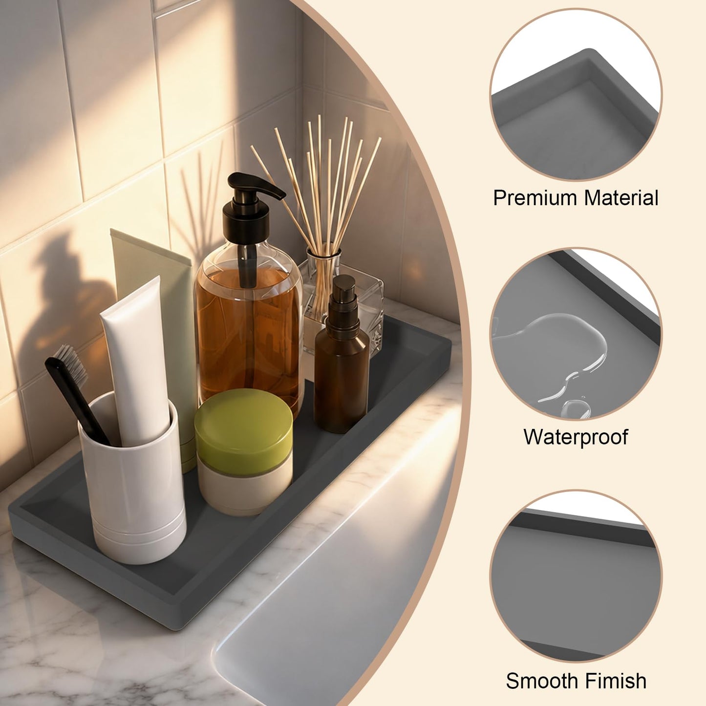 Silicone Bathroom Vanity Tray, Kitchen Counter Trays, 20x10cm Dressing Table Decorative Tray, Rectangular non-slip Toilet Tank Tray