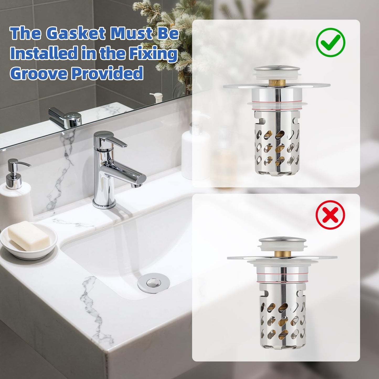 iFealClear Upgraded 3 in 1 Bathroom Sink Plug, Hair Catcher, Pop Up Sink Strainer Plug with Detachable Stainless Steel Filter Basket