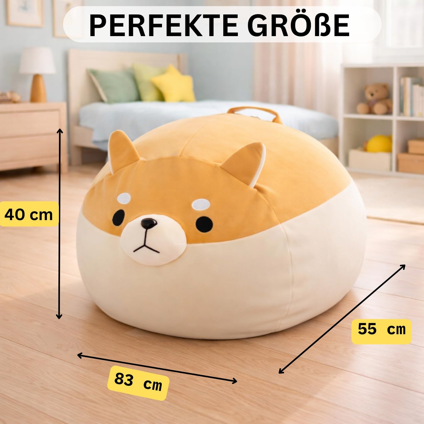 ELOVIA Soft Toy Storage Ottoman, No Stuffing Cover, Shiba Design, Toy Organizer for Kids Room, with Zipper (Shiba Beige)
