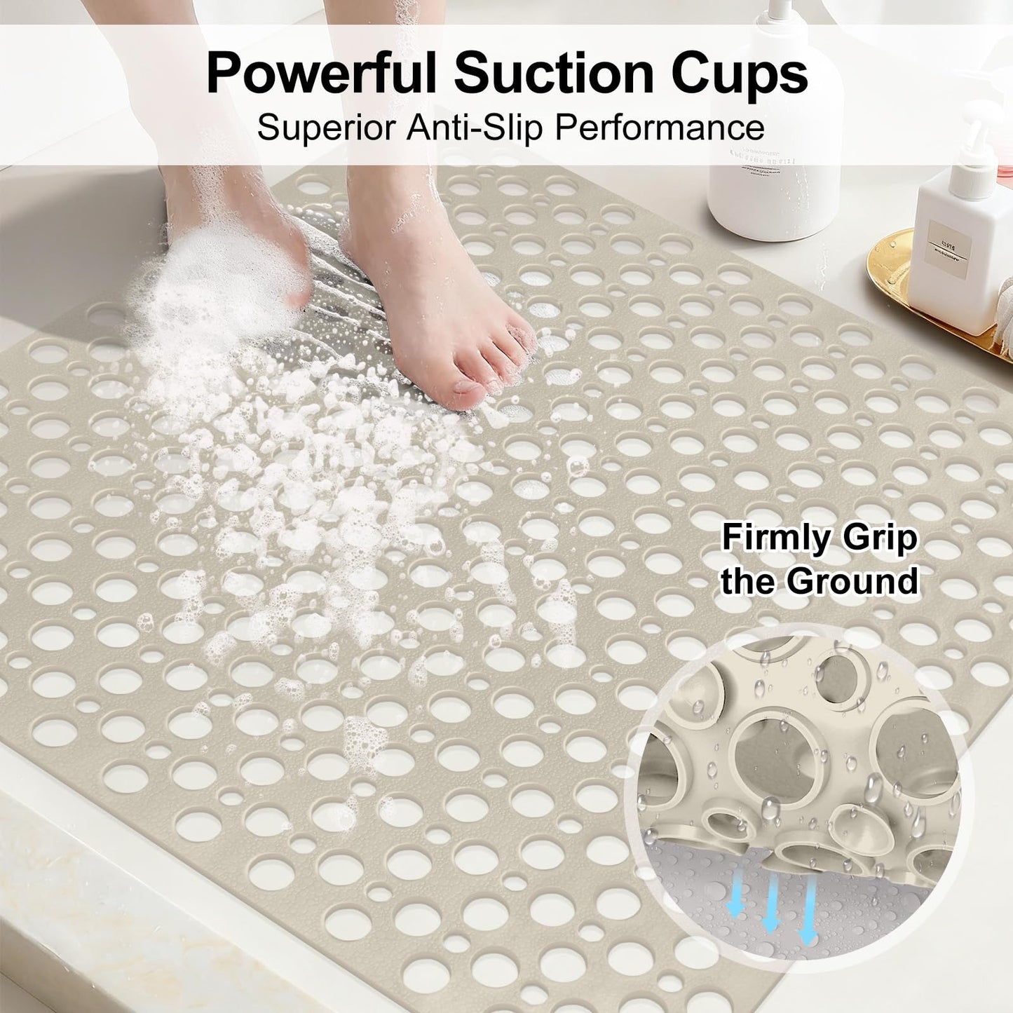 Anti Slip Shower Mat with Suction Cups,70x70cm Quick Drain TPE Non Slip Shower Mats for Inside Shower,Large Bath Mat for Shower Soft on Feet