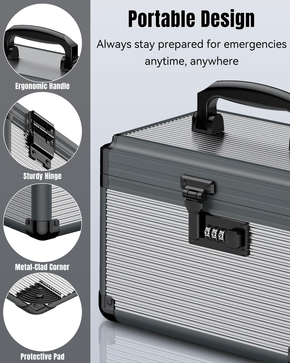 Uniclife Medicine Storage Box, 24 x 15.2 x 16.5 cm, Portable Medication Box with Combination Lock & Handle, Metal Lockable Medicine Box