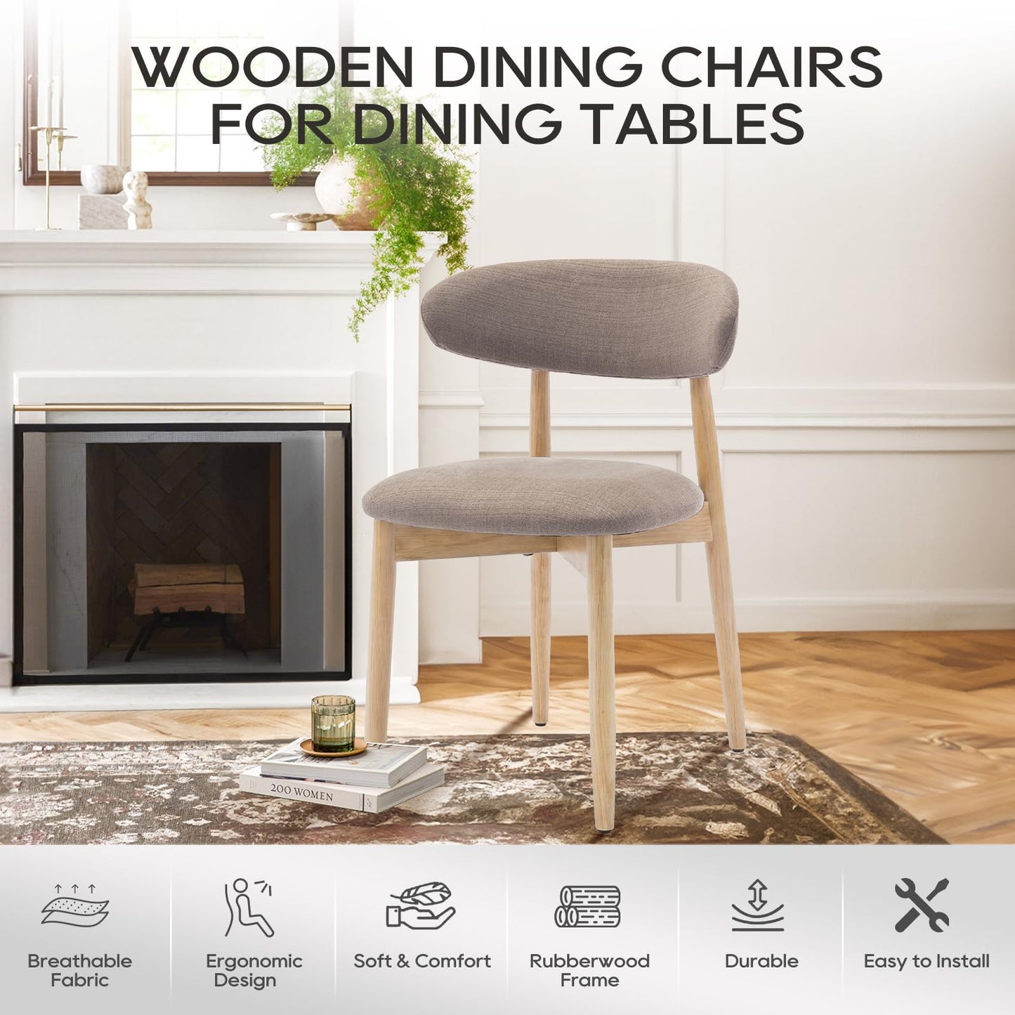 COLAMY Modern Dining Chairs Set with Wooden Legs – Upholstered Fabric Dining Room Chairs with Curved Backrest, Soft Cushion Seat