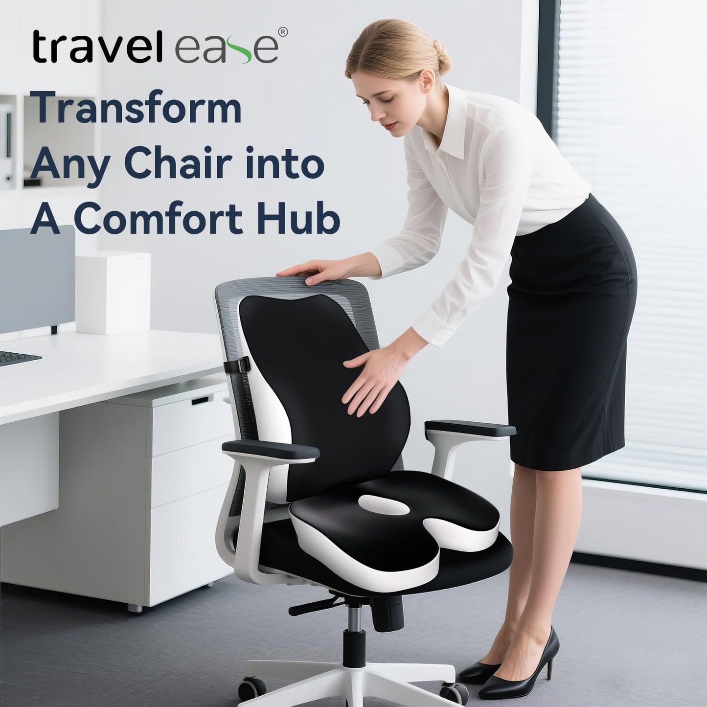 Travel Ease Memory Foam Seat Cushion & Lumbar Support Pillow Set, Ergonomic Comfort for Office Chair, Car Seat, Home Use & Travel