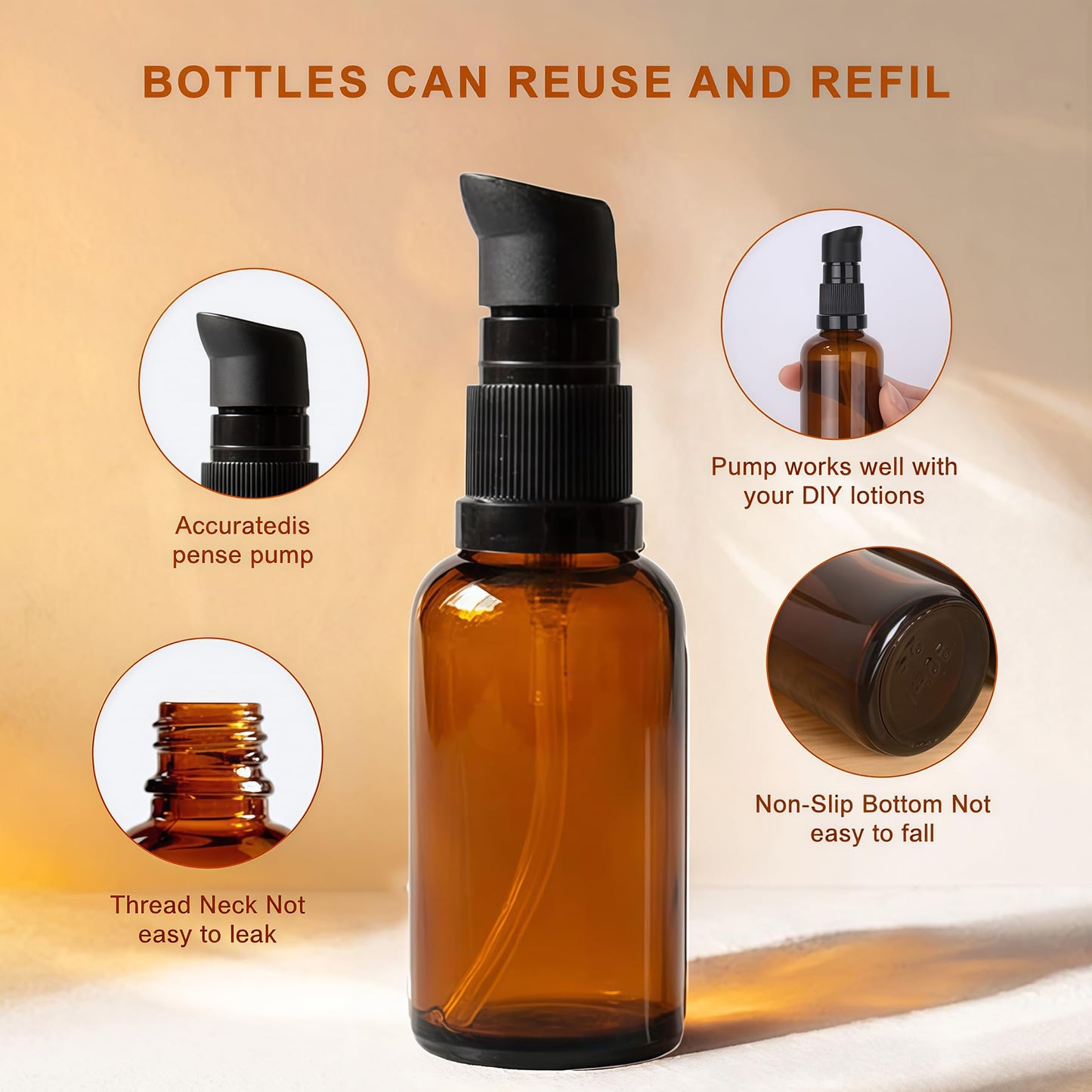 TUPANDY 3PCS 100ml/3.3oz Amber Glass Lotion Bottles Empty Refillable Cosmetic Makeup Travel Size Pump Dispenser Container Jars for Aromatherapy