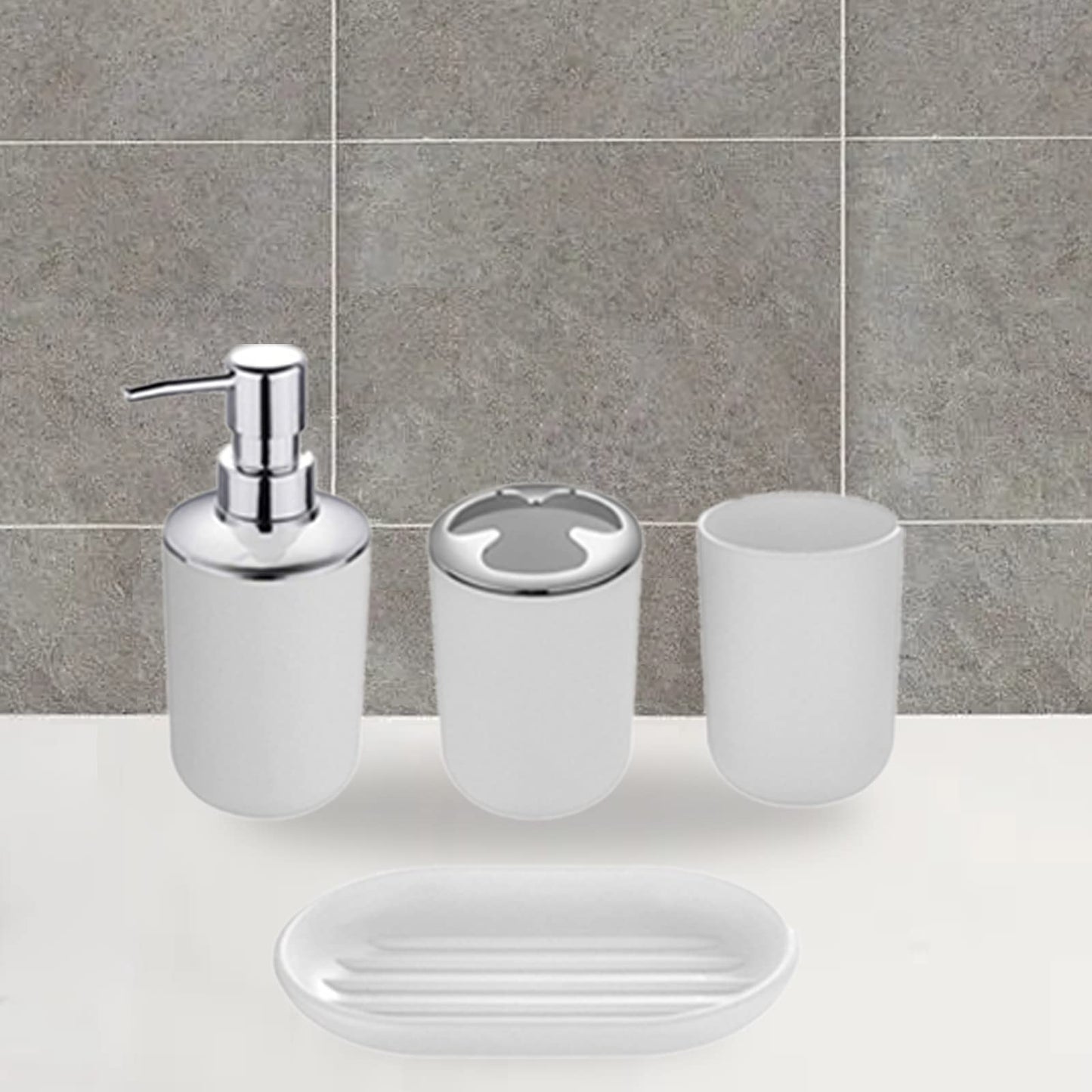 Hosoncovy 4 Pieces Bathroom Accessory Set with Soap Dispenser, Bathroom Cup, Soap Dish ，Toothbrush and Toothpaste Holder (White)