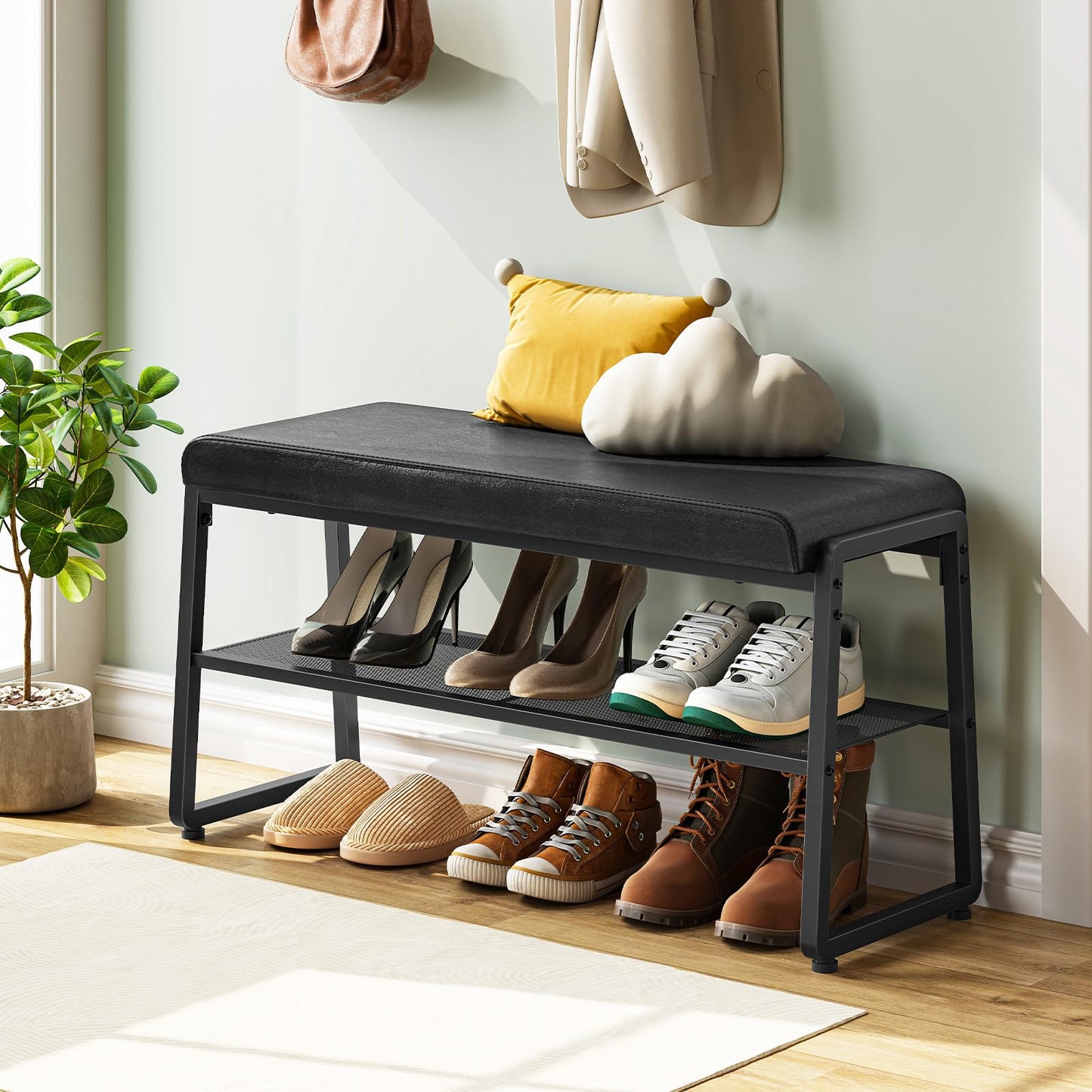 HOOBRO 2-Tier Shoe Storage Bench with Upholstered Seat, for Hallway