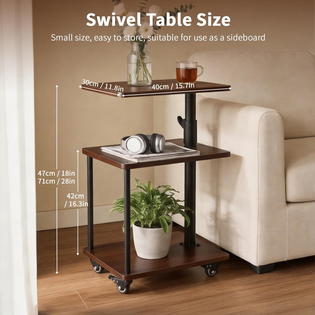 Bingyouth Side Table with Wheels, Adjustable Sofa Table with 360° Swivel Top, 3 Tier Small End Table for Living Room and Bedroom